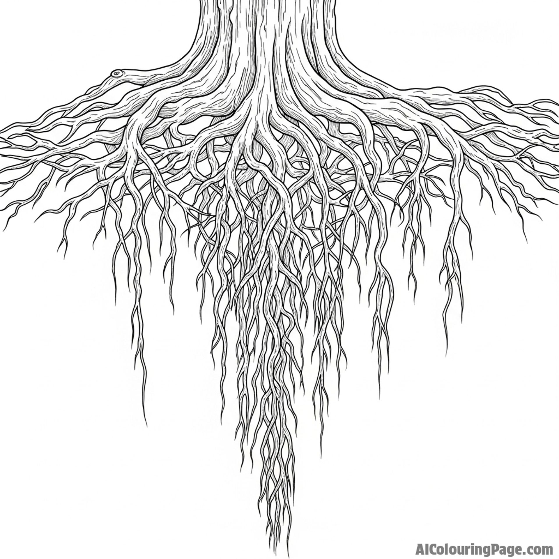 A network of aerial roots dangling from the trees, creating a tangled web.