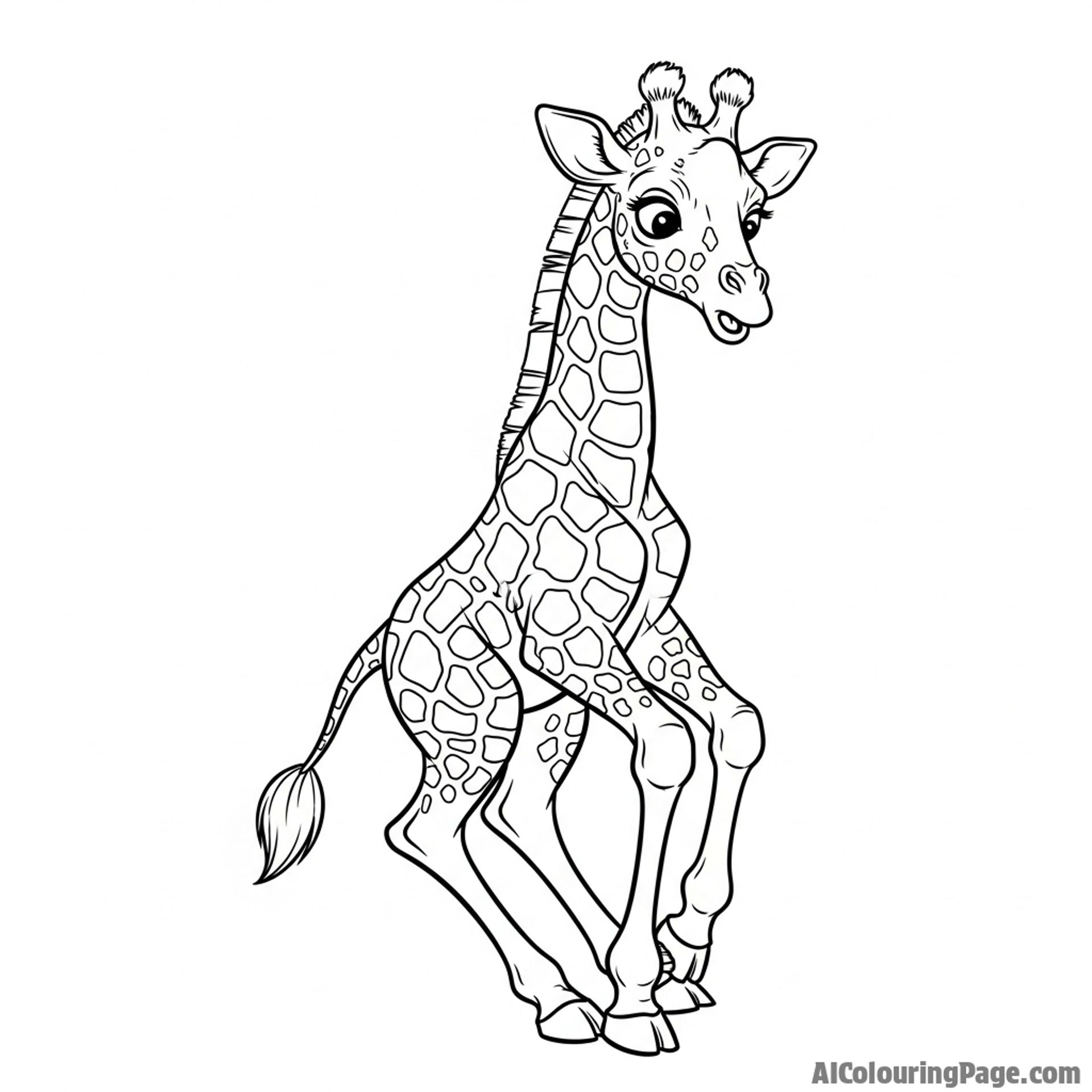 A playful baby giraffe tripping clumsily over its own long legs.