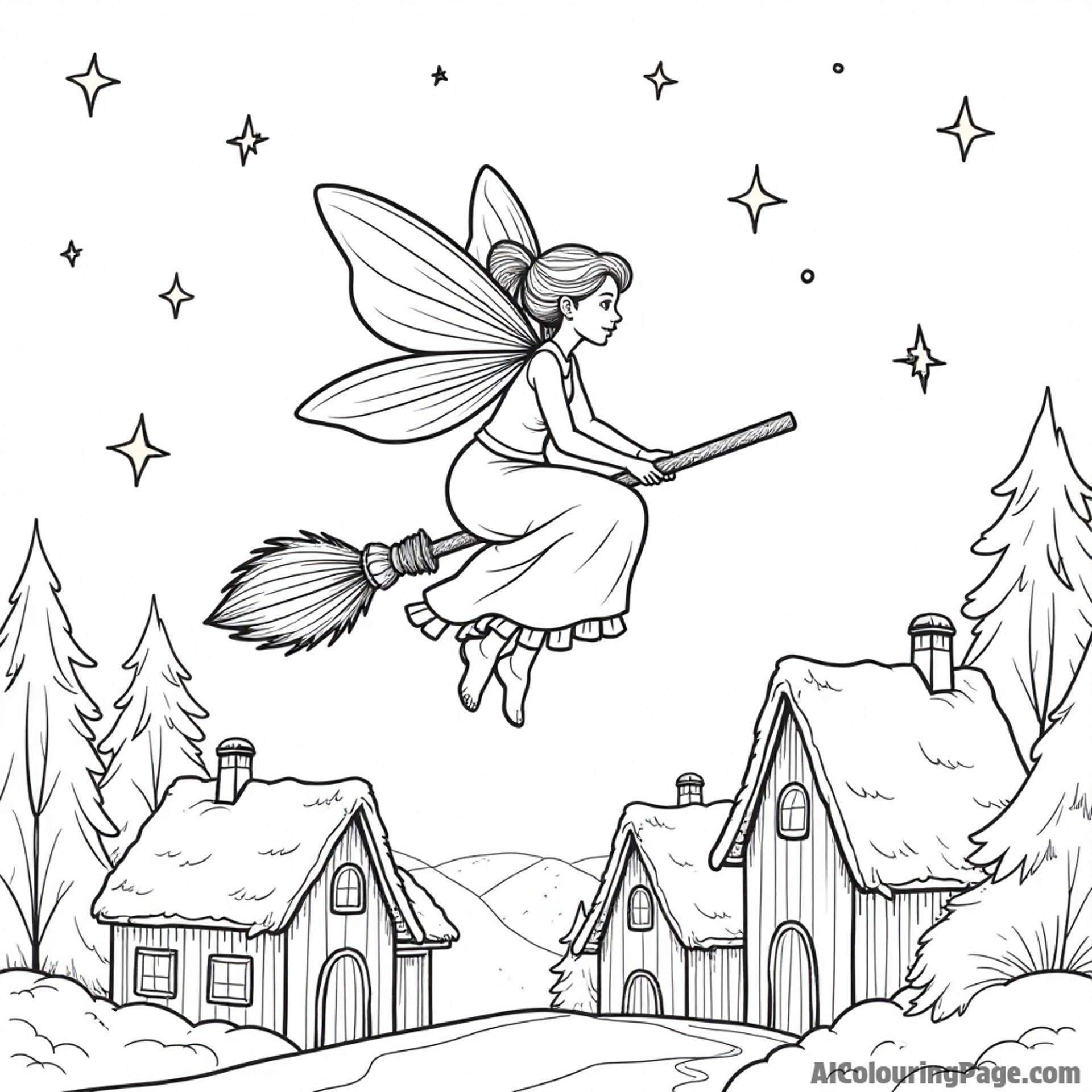 A fairy riding a broomstick over a village during a festive celebration under a starlit sky