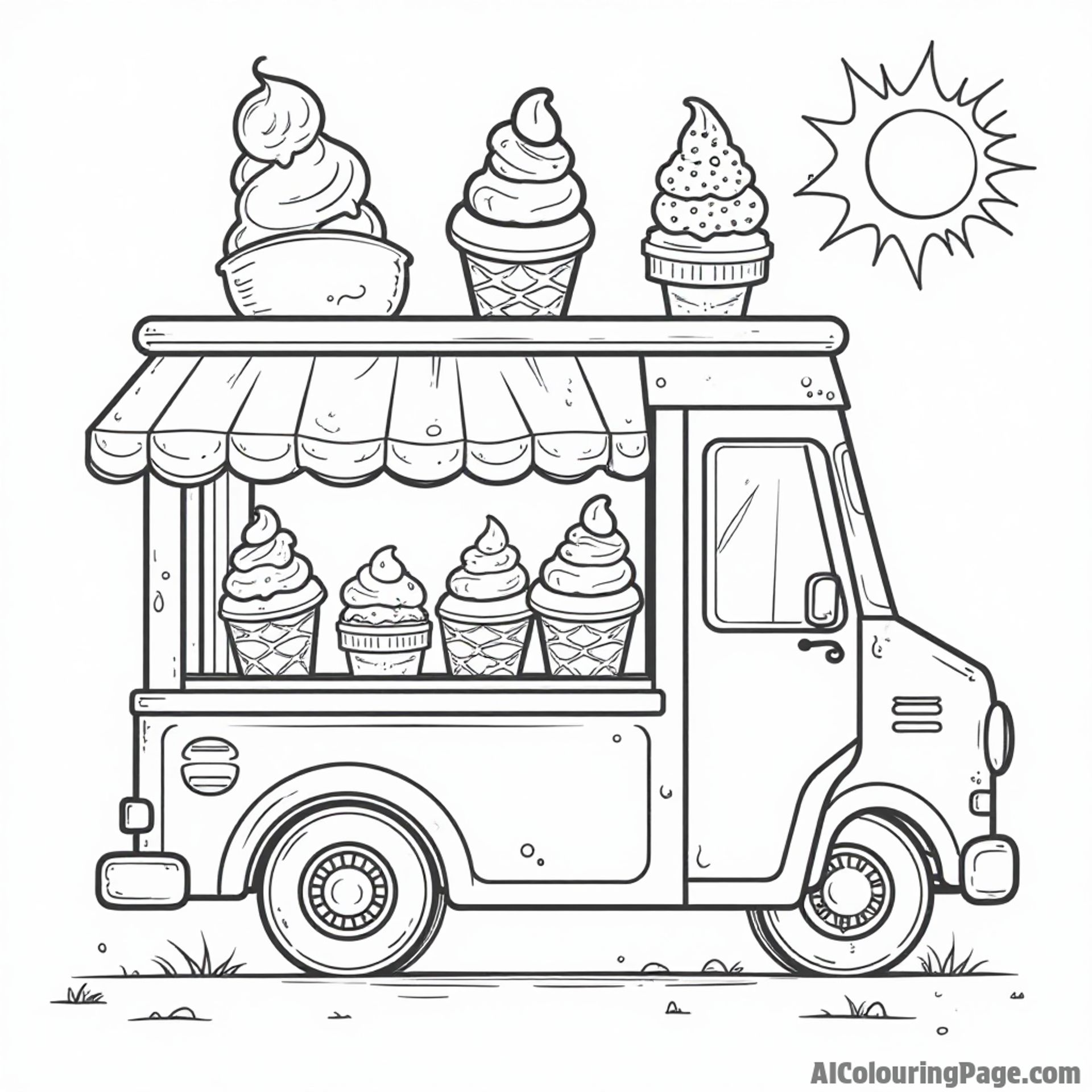 A cute ice cream truck offering various ice cream cones, sundaes, and popsicles under a sunny sky for coloring fun.