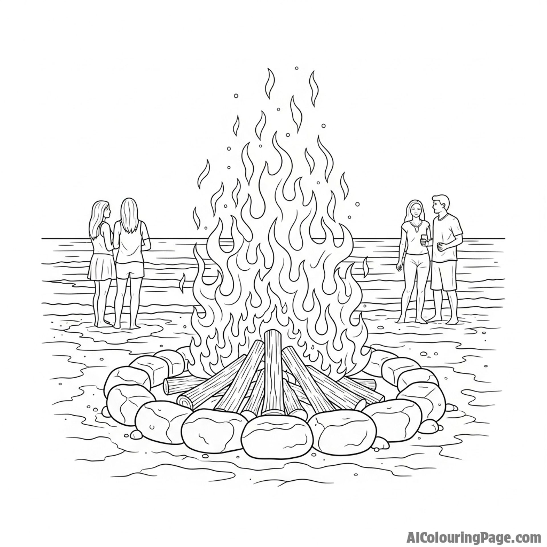 A bonfire blazing on the beach at night.