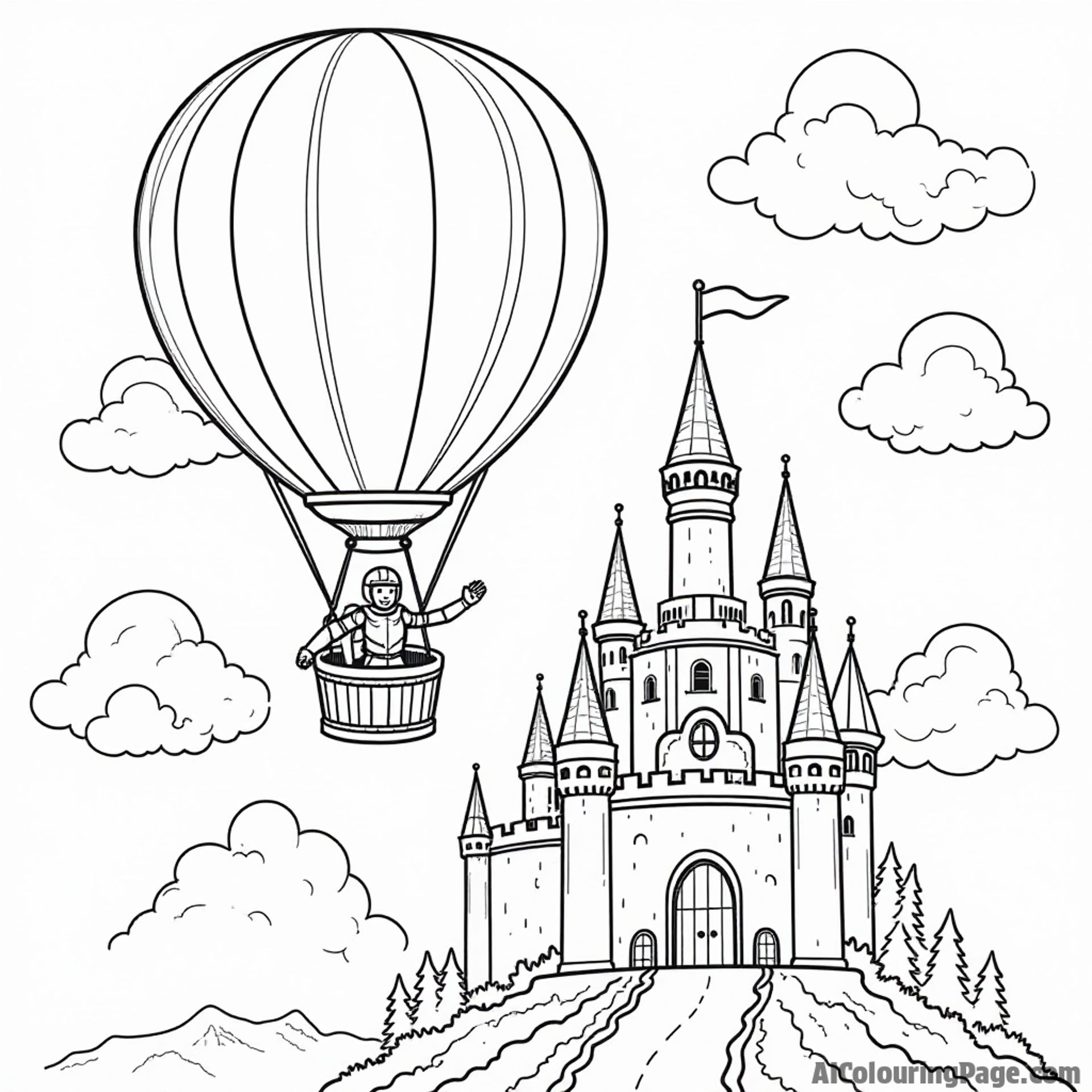 A magical hot air balloon floating over a fairytale castle, with a knight and princess waving from below, inviting adventurous kids to color their own royal story.