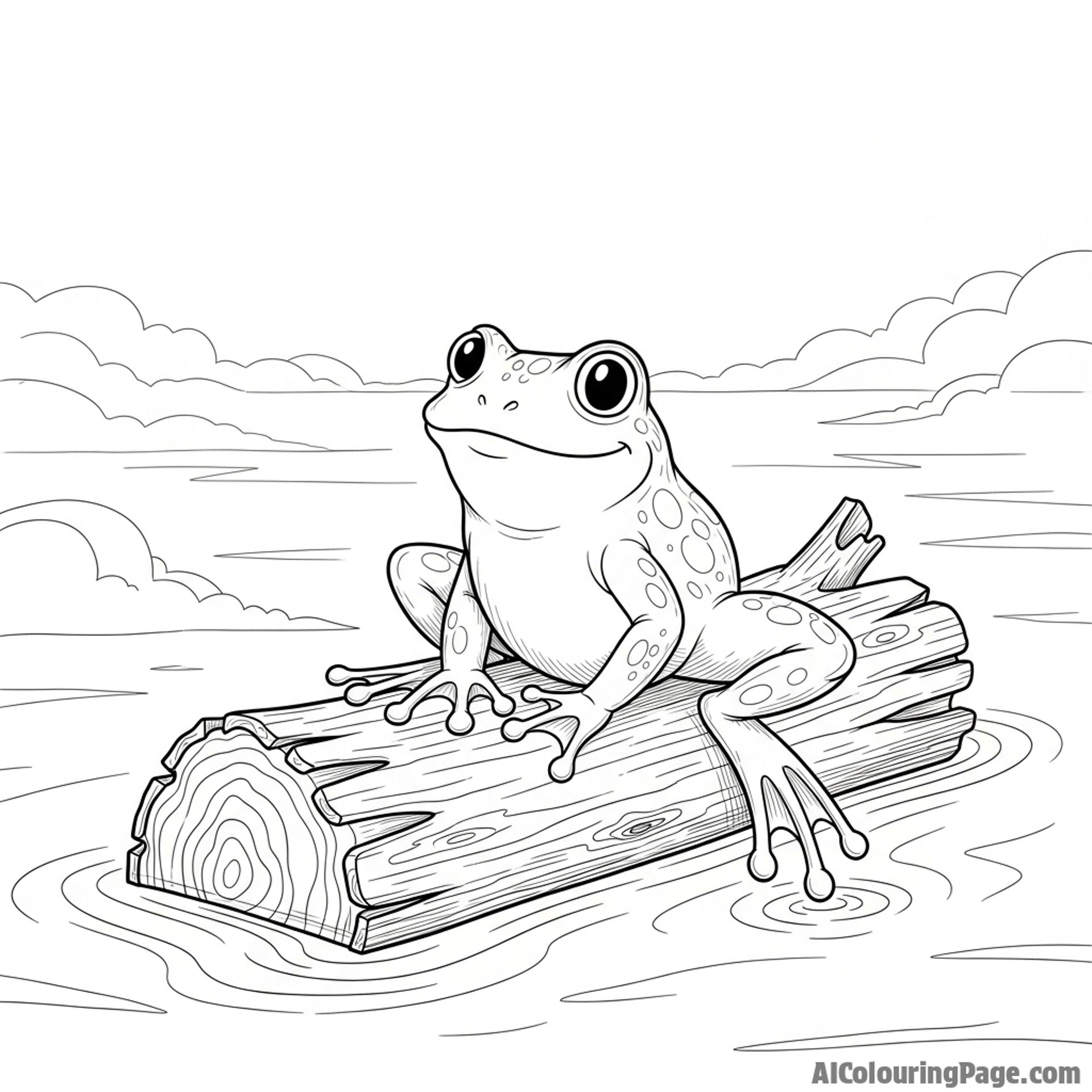 A frog sitting on a floating log in a vast, misty body of water.