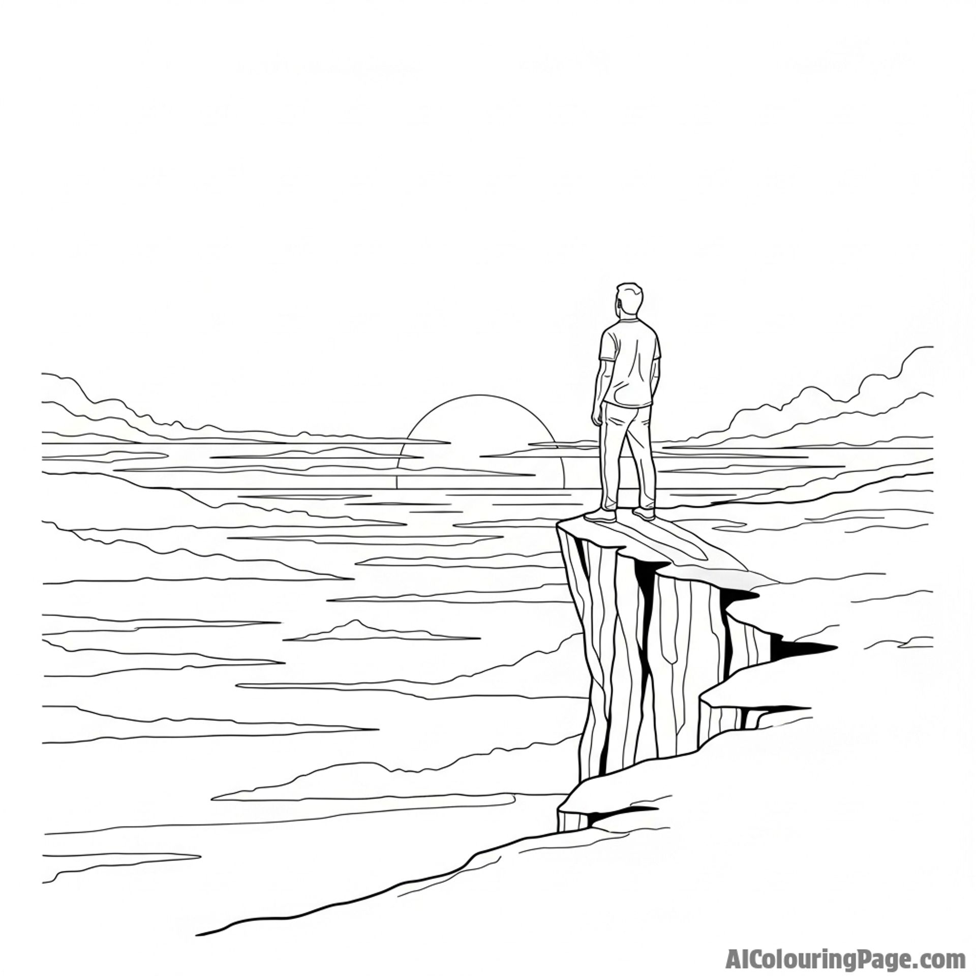 A solitary figure standing on a cliff edge, watching the sunset.