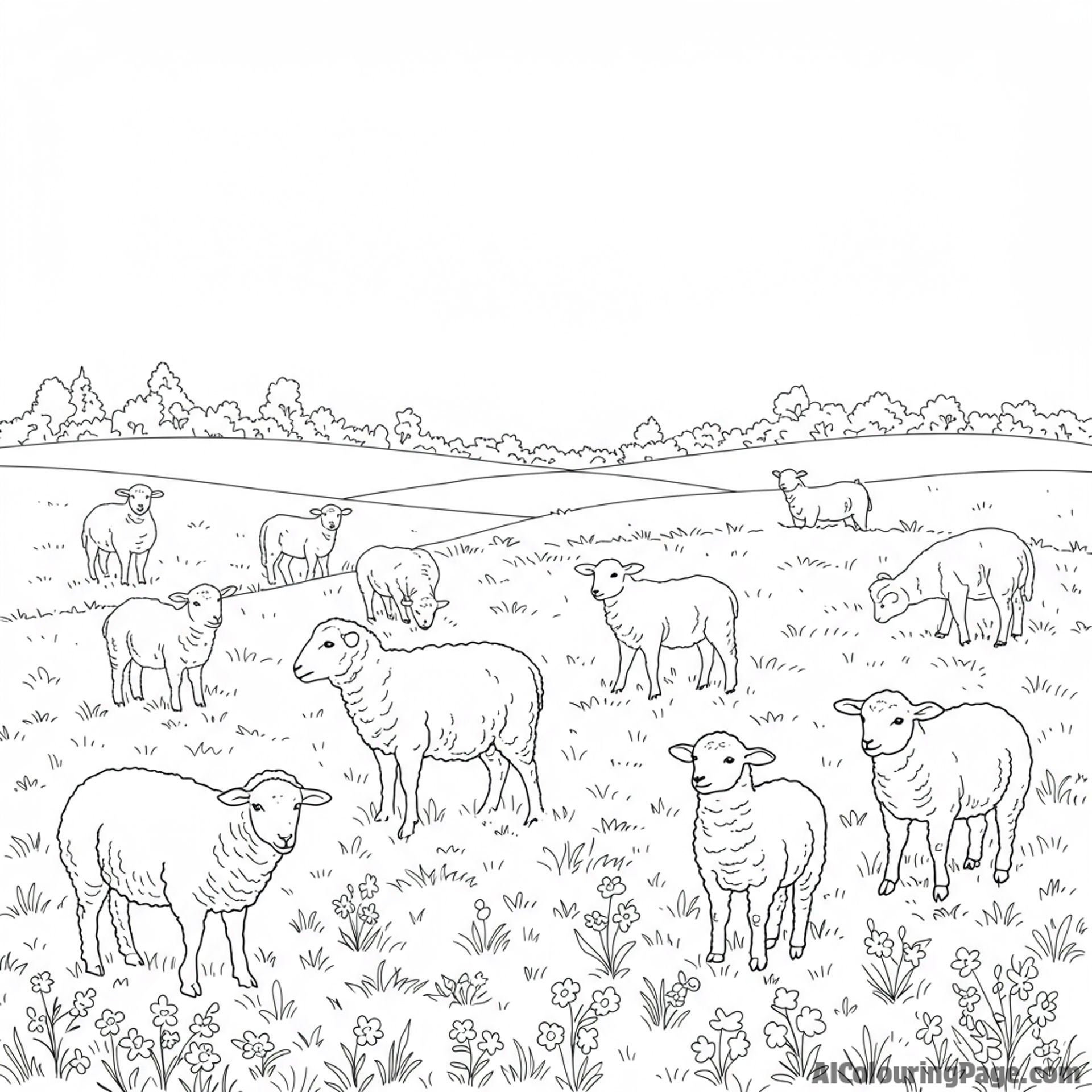 A field dotted with fluffy lambs grazing contentedly.