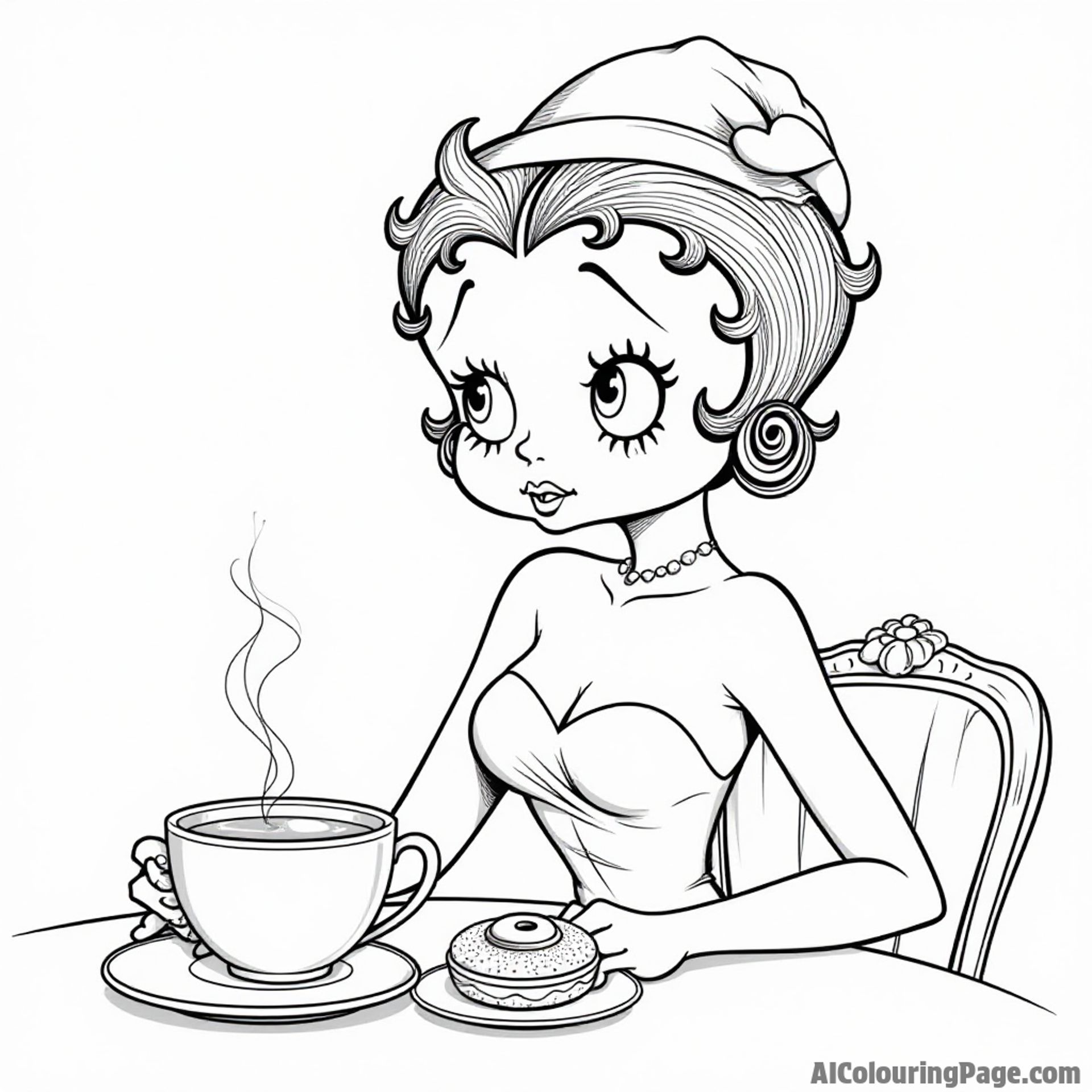 Betty Boop in a stylish hat sitting at a cafe table with a steaming cup of coffee and a charming pastry