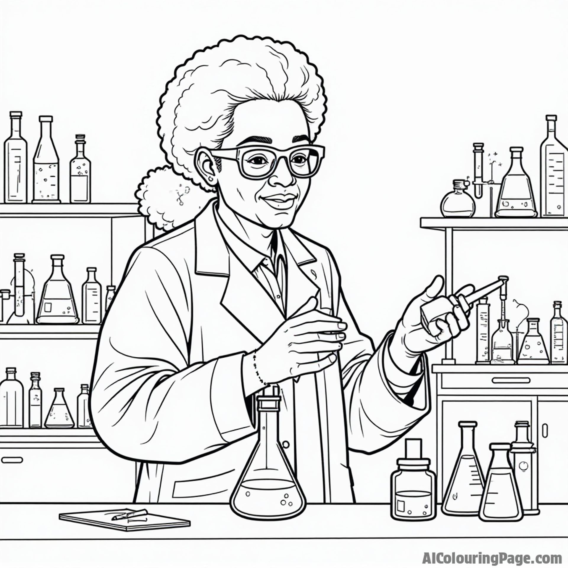 An African American scientist in a lab, conducting experiments, surrounded by beakers and scientific instruments, showcasing contributions to science and innovation, designed for kids to color in black and white.