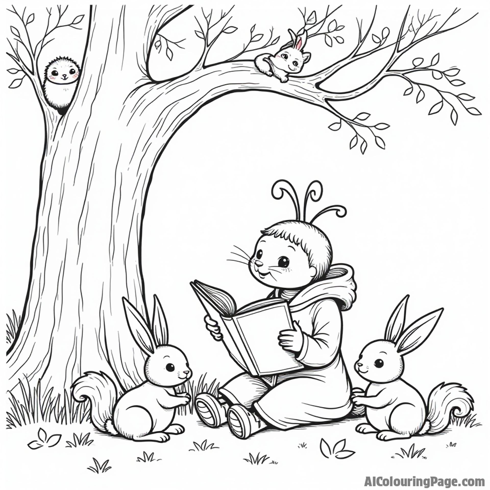 A ladybug reading a book under a tree, surrounded by curious rabbits and playful squirrels peeking around.