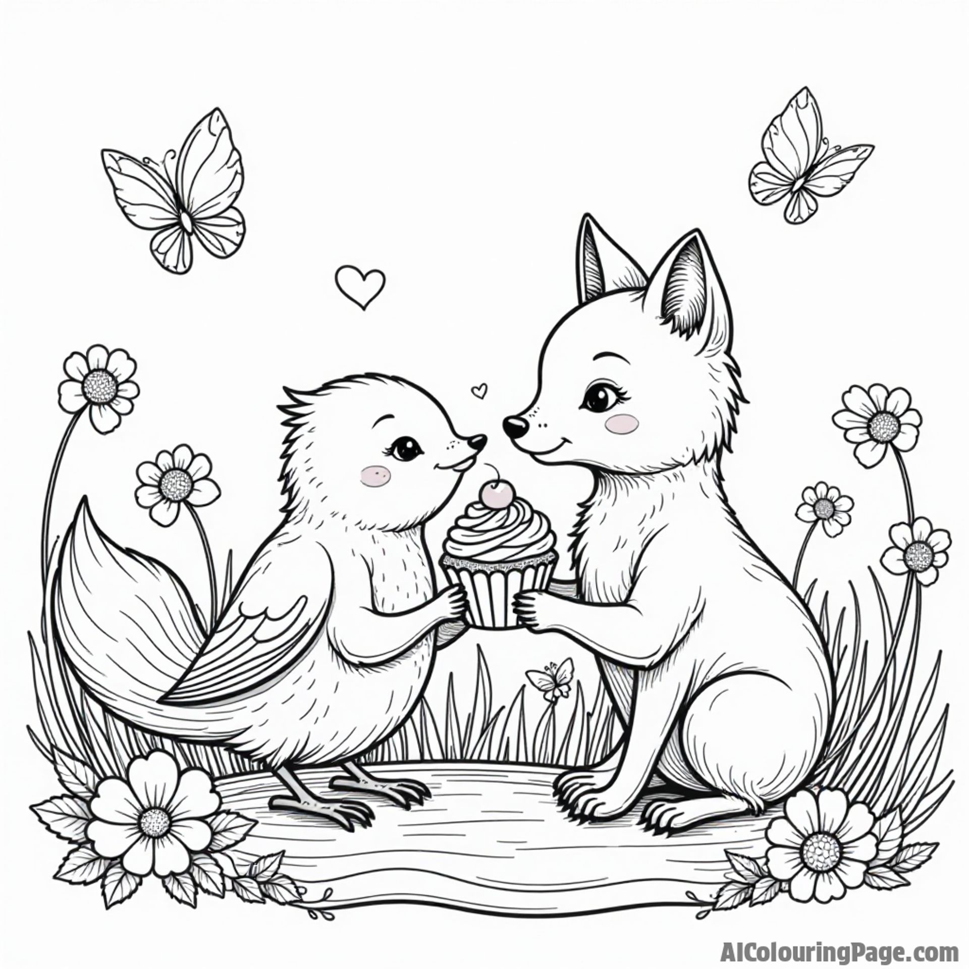 A robin and a friendly fox sharing a cupcake in a colorful picnic setting, surrounded by flowers and butterflies for coloring.