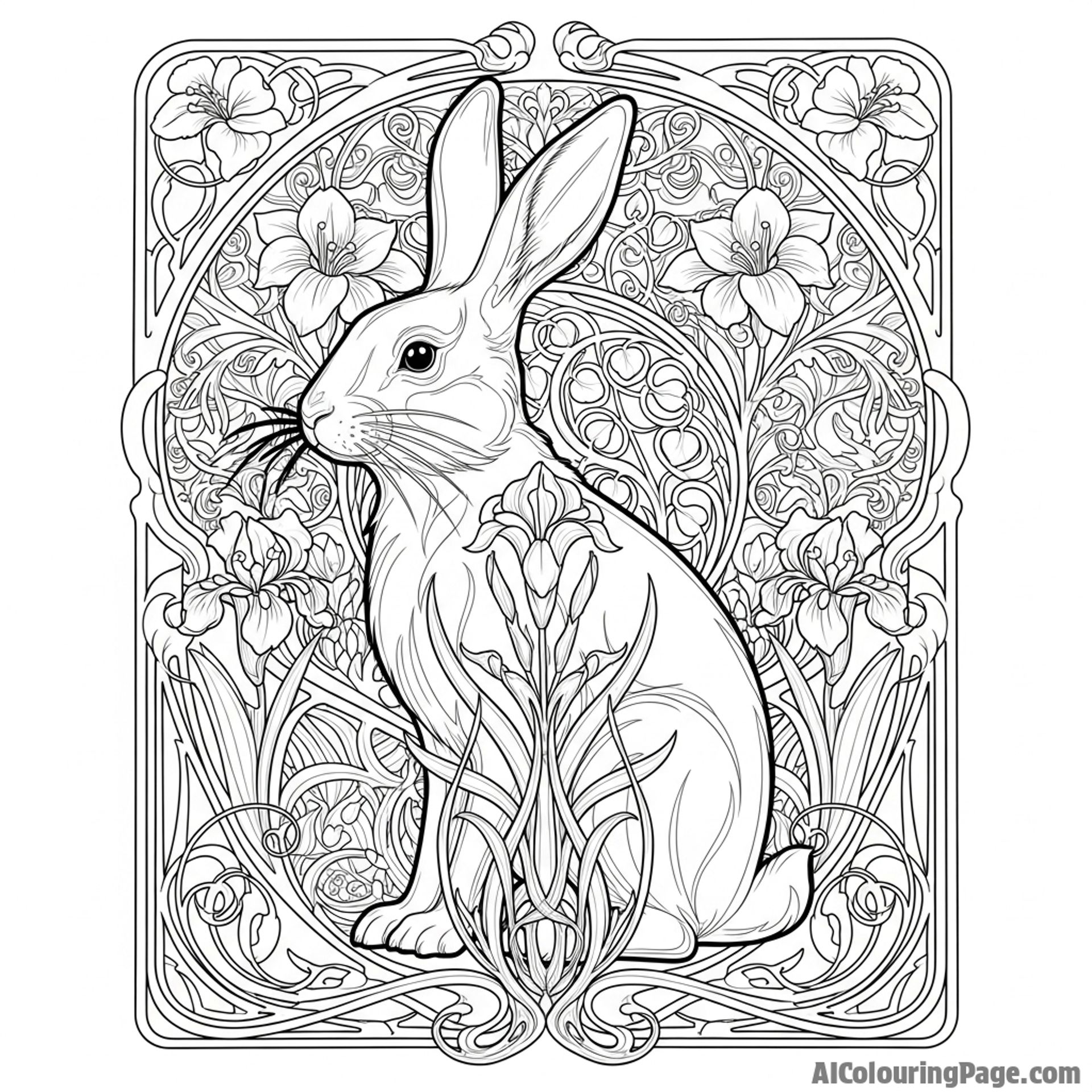 An Art Nouveau illustration of a rabbit surrounded by flowing, organic patterns.
