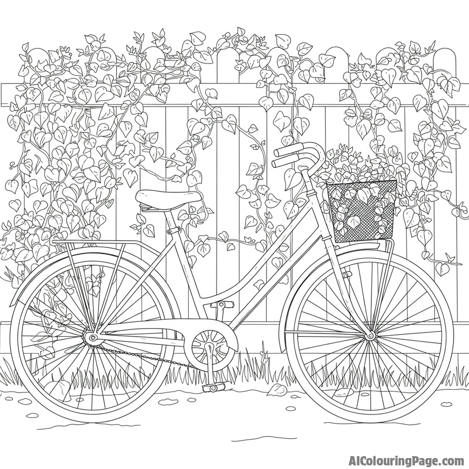 A bicycle leaning against a fence covered in climbing vines.