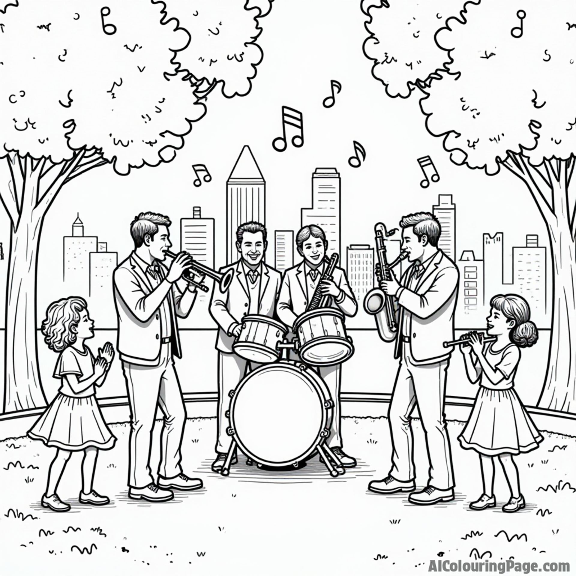A lively jazz band playing in a park in Kansas City, with musical notes floating and children dancing happily.