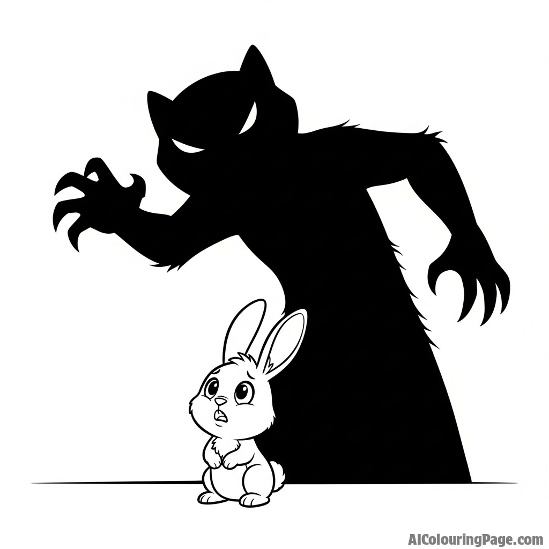 A single, small bunny facing a massive, looming shadow of a predator.
