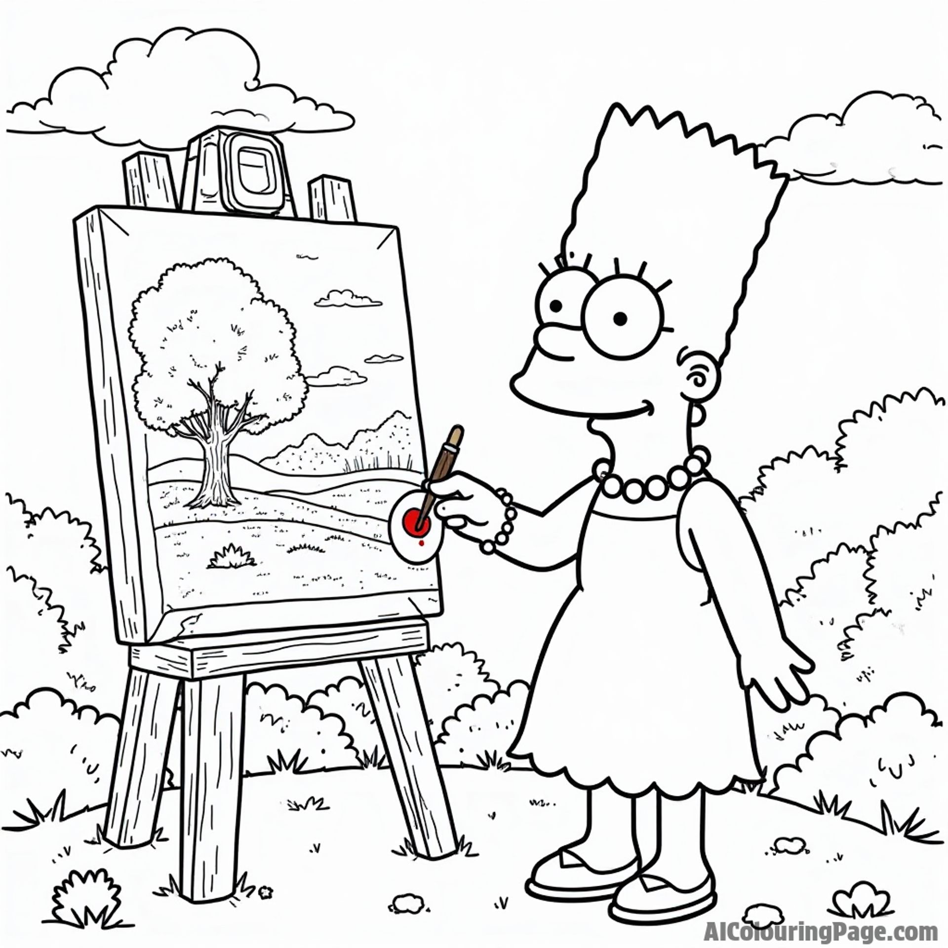 Marge Simpson painting a beautiful landscape on a canvas with a palette of colors in a serene outdoor setting.