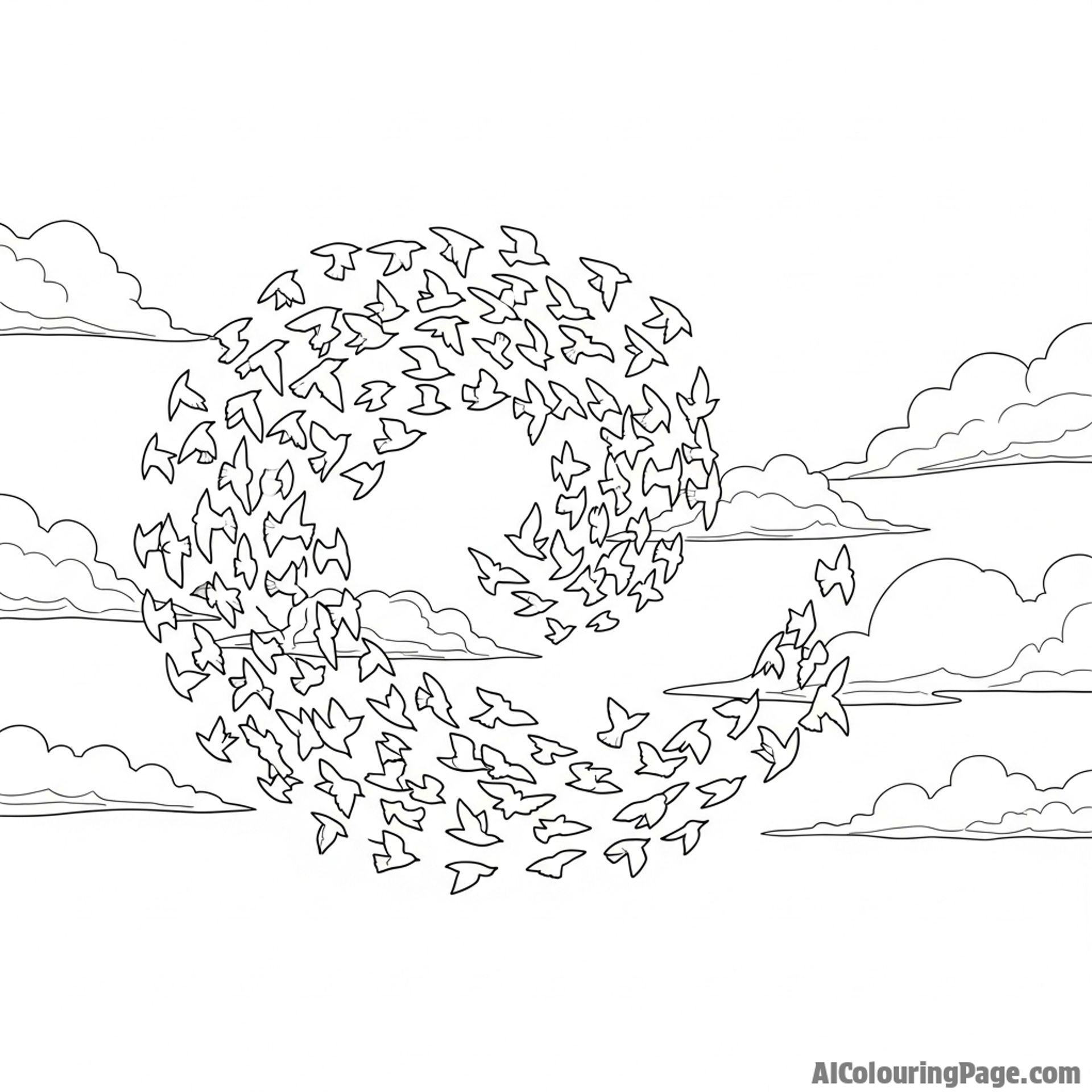 A flock of birds creating a dynamic, swirling pattern in the sky at dusk