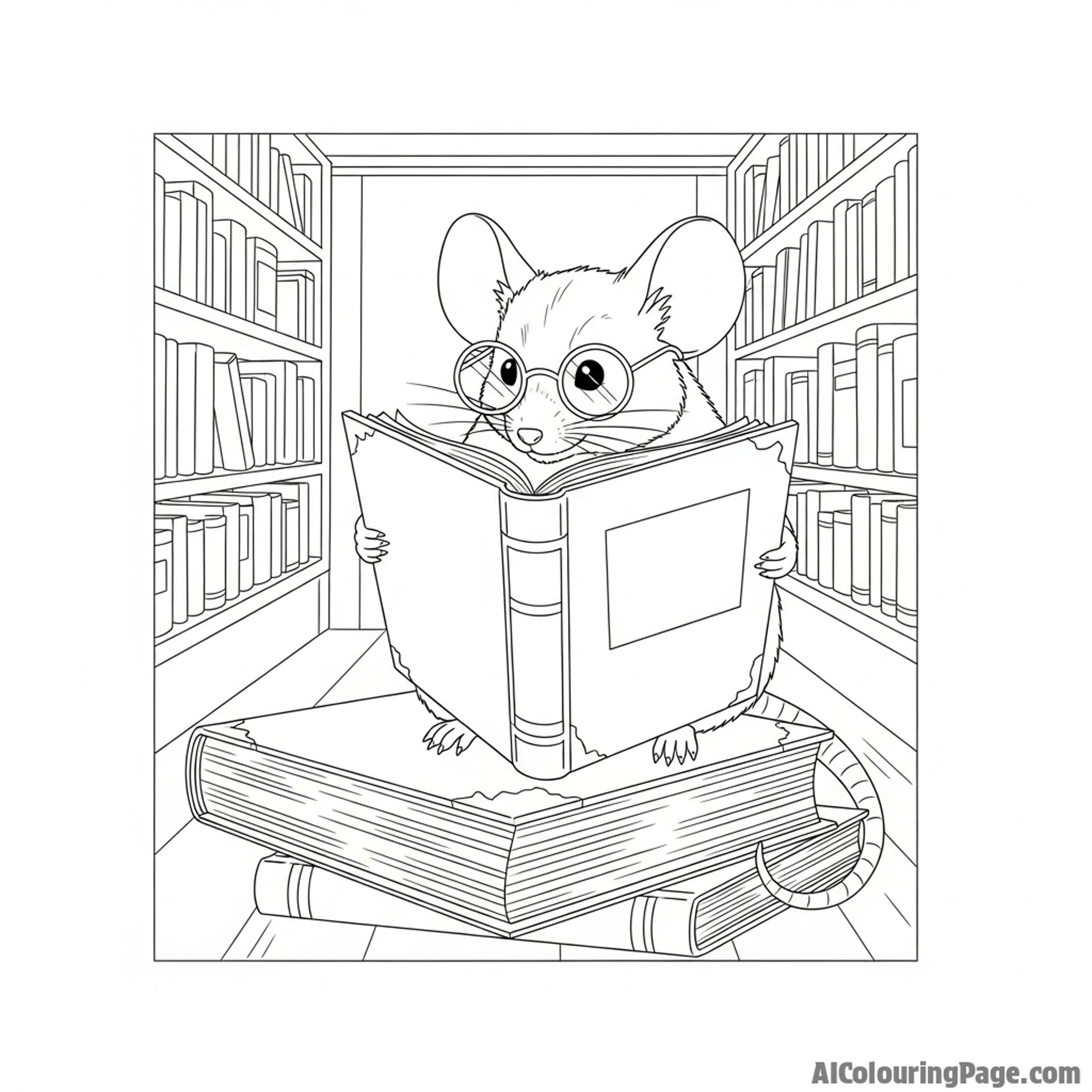 A scholarly mouse with spectacles, reading a giant, dusty book in a dimly lit library.