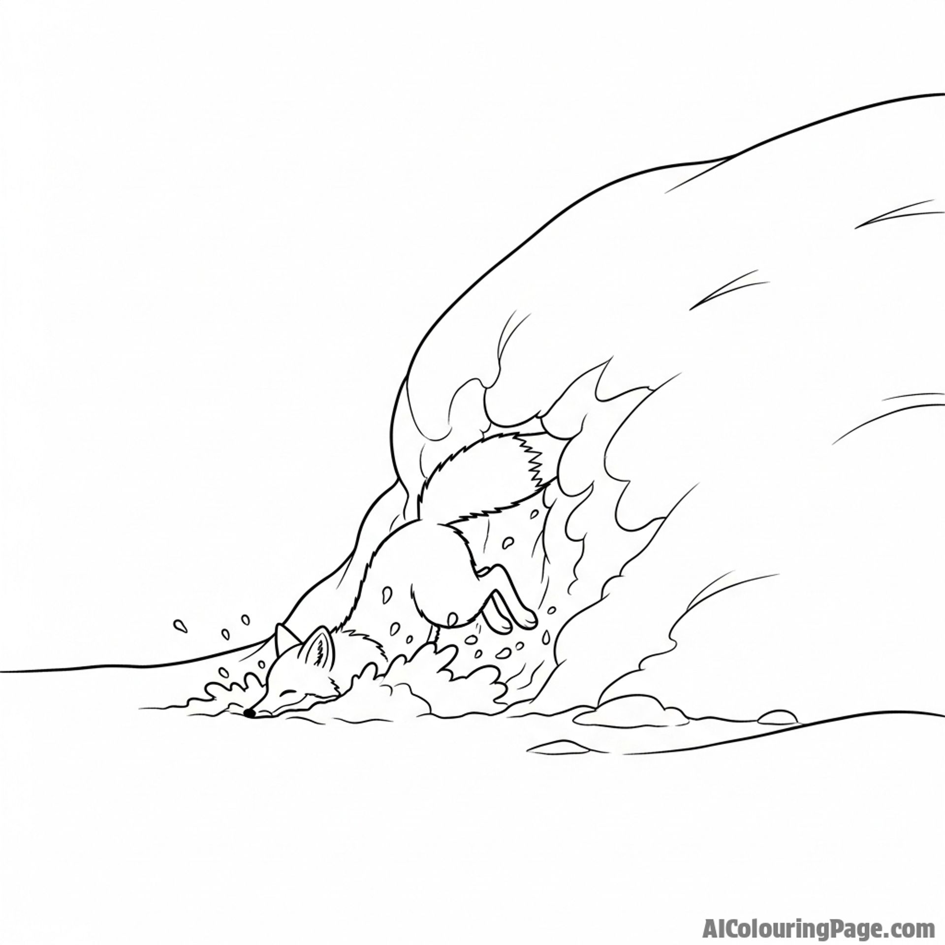 A lone fox pouncing headfirst into a deep drift of powdery snow.