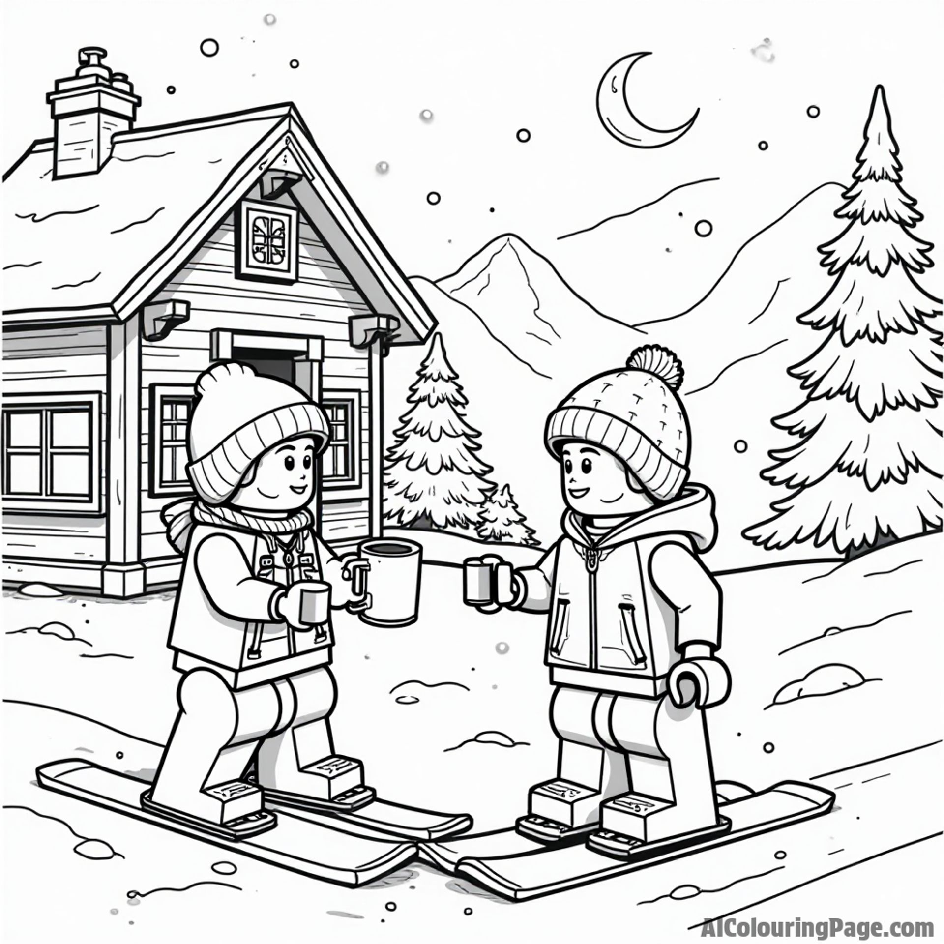 A LEGO winter sports scene with kids skiing, snowboarding, and enjoying a hot cocoa at a cozy lodge.