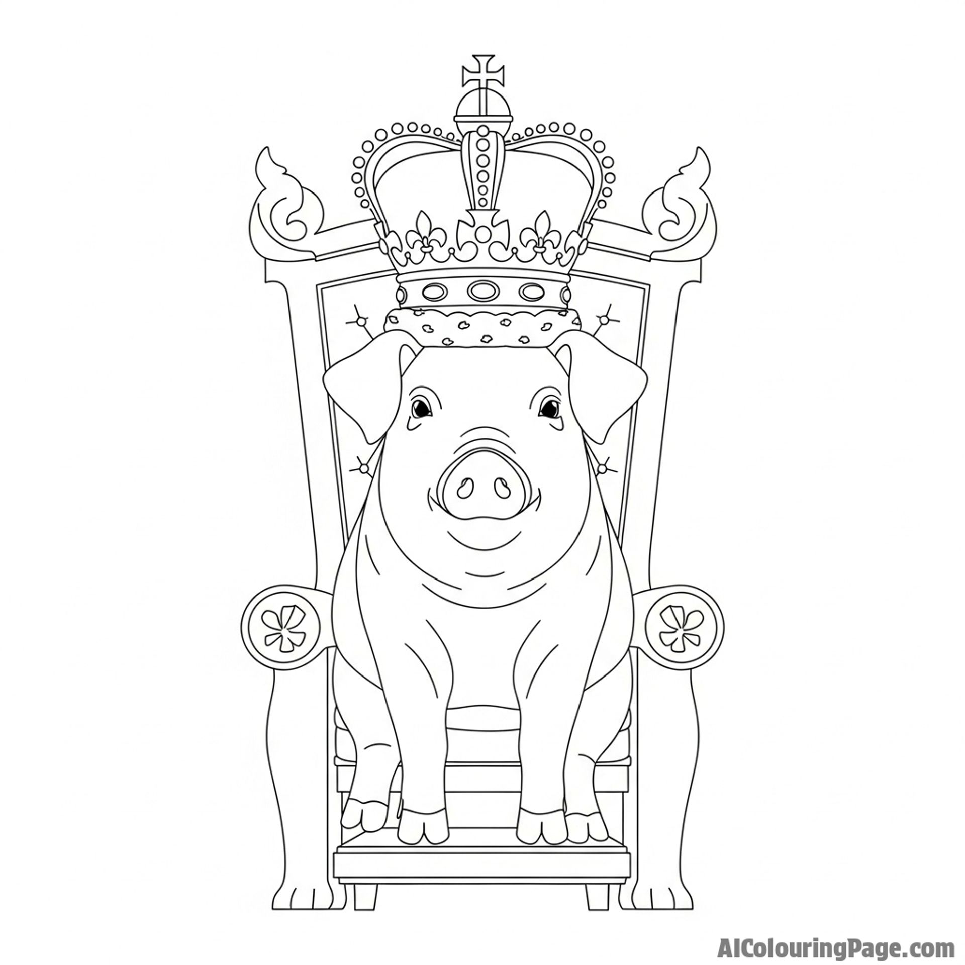 A royal pig wearing a heavy crown and sitting on a throne.