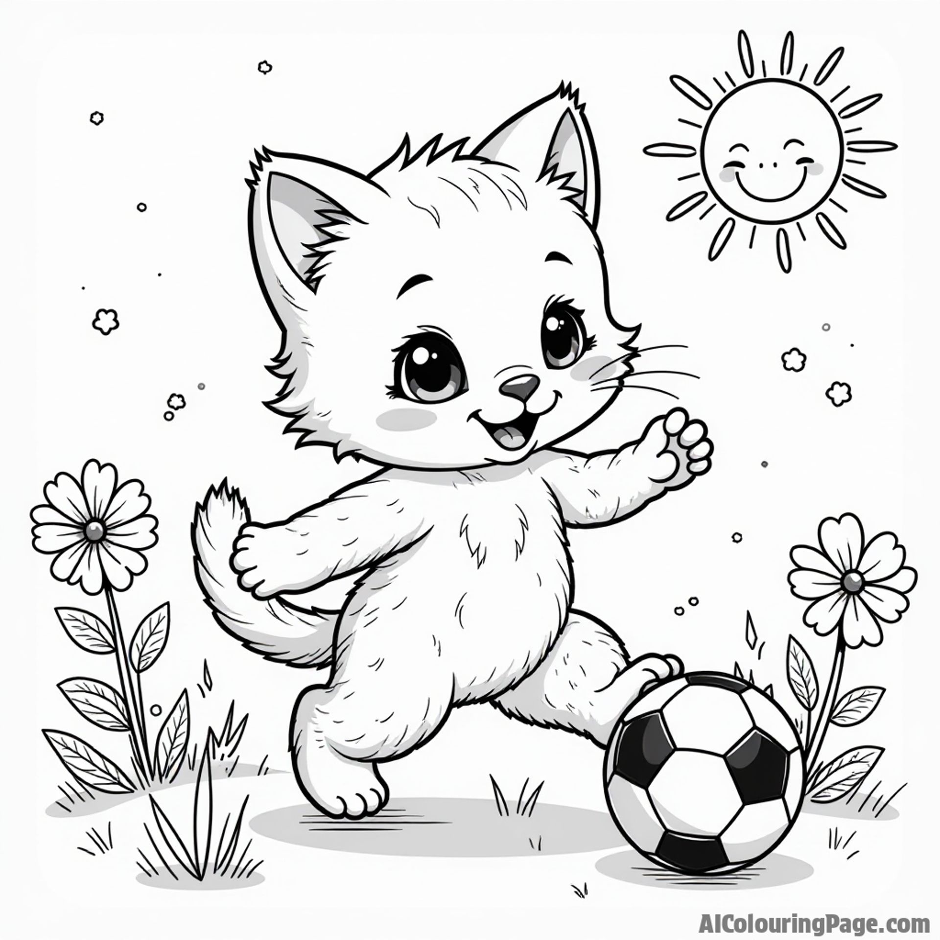 A playful kitten dribbling a tiny soccer ball, with colorful flowers around, a smiling sun above, all designed in black and white for a cute coloring adventure.