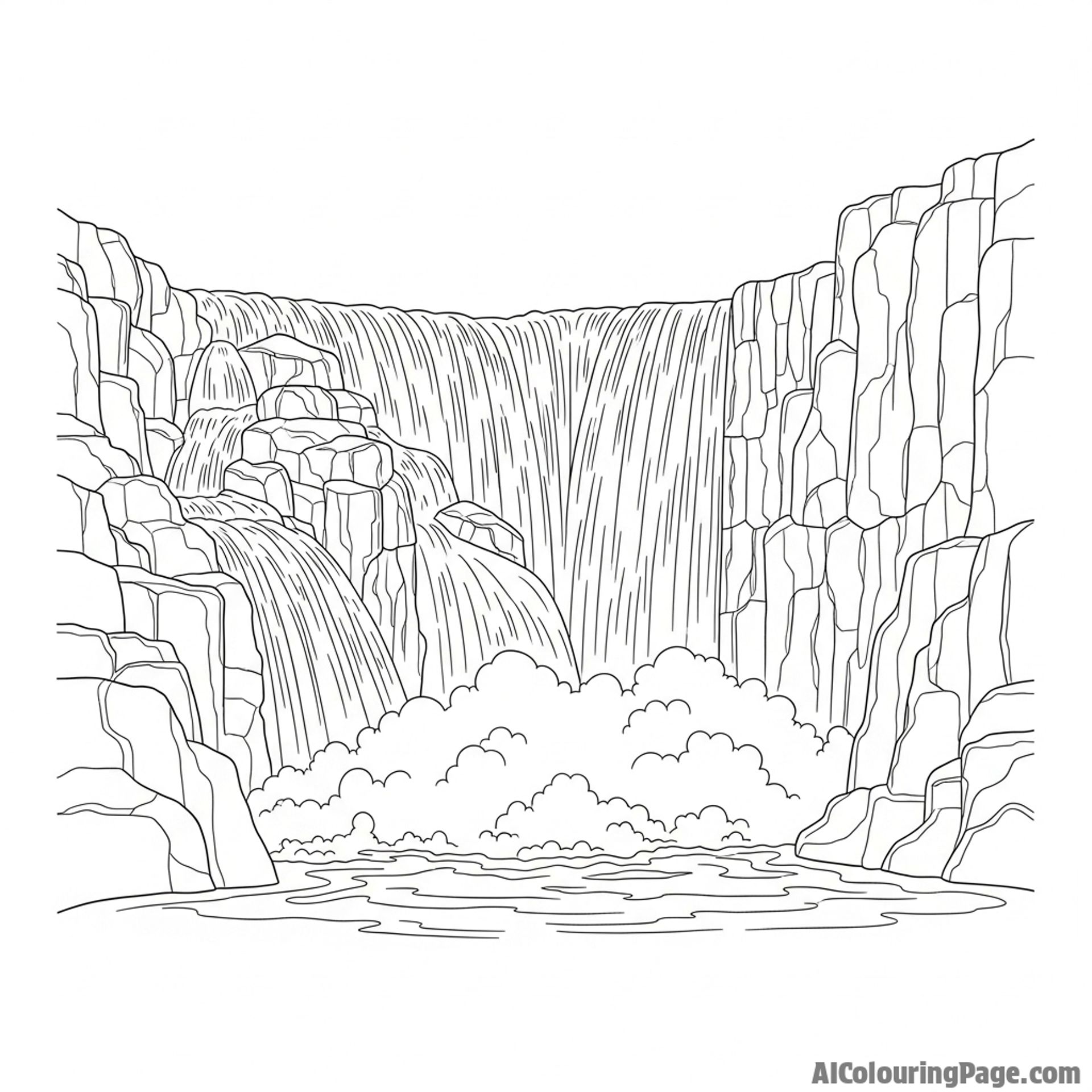 A waterfall creating a cloud of mist as it crashes into the rocks below.