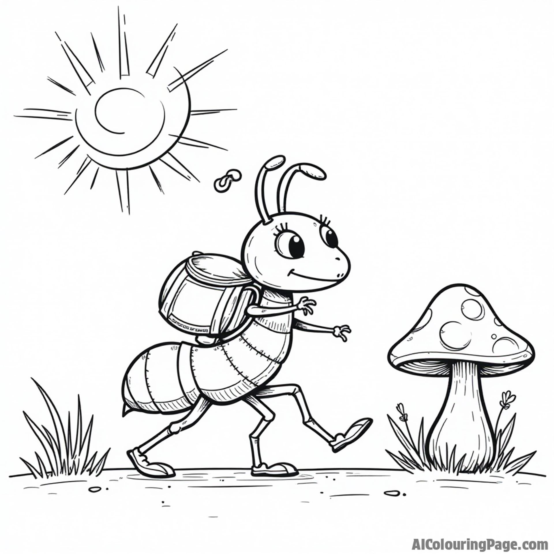A whimsical ant marching with a tiny backpack beside a mushroom under a sunny sky, perfect for kids to color.