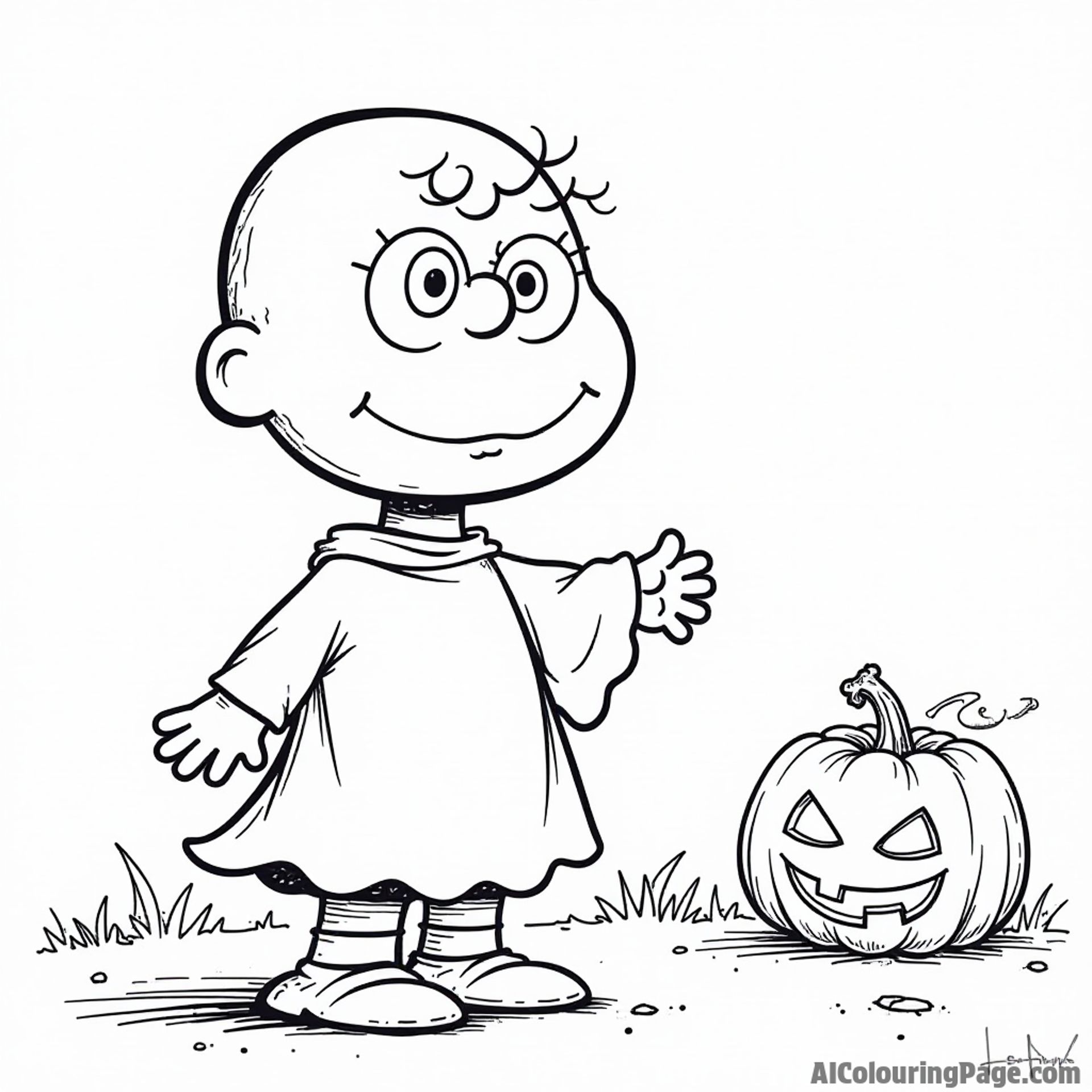 Charlie Brown at a Halloween party dressed as a ghost with cut-out eyes and a pumpkin in the background