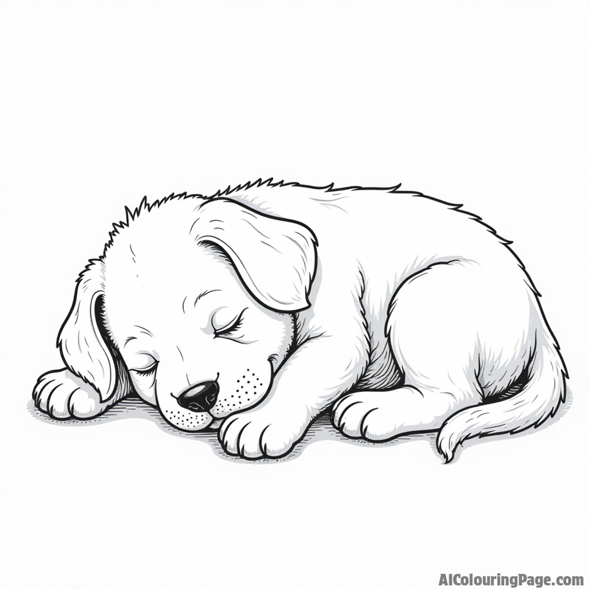 Coloring page of a sleeping puppy, curled up, peaceful expression, minimal details.