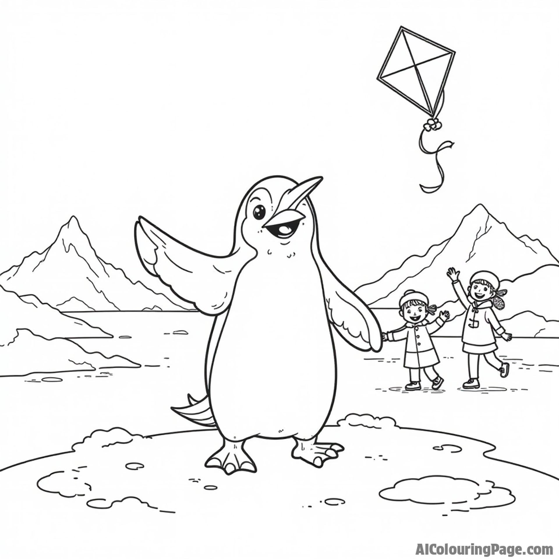 A penguin dancing on a frozen lake with a group of excited children and a colorful kite flying above.