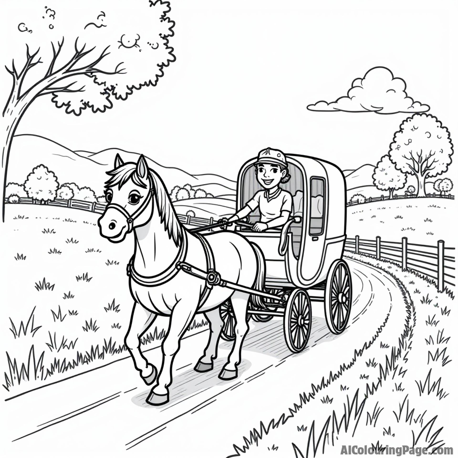 A cute, cartoon-style Amish horse and buggy traveling down a scenic dirt road, showcasing Pennsylvania's countryside charm and rustic beauty.