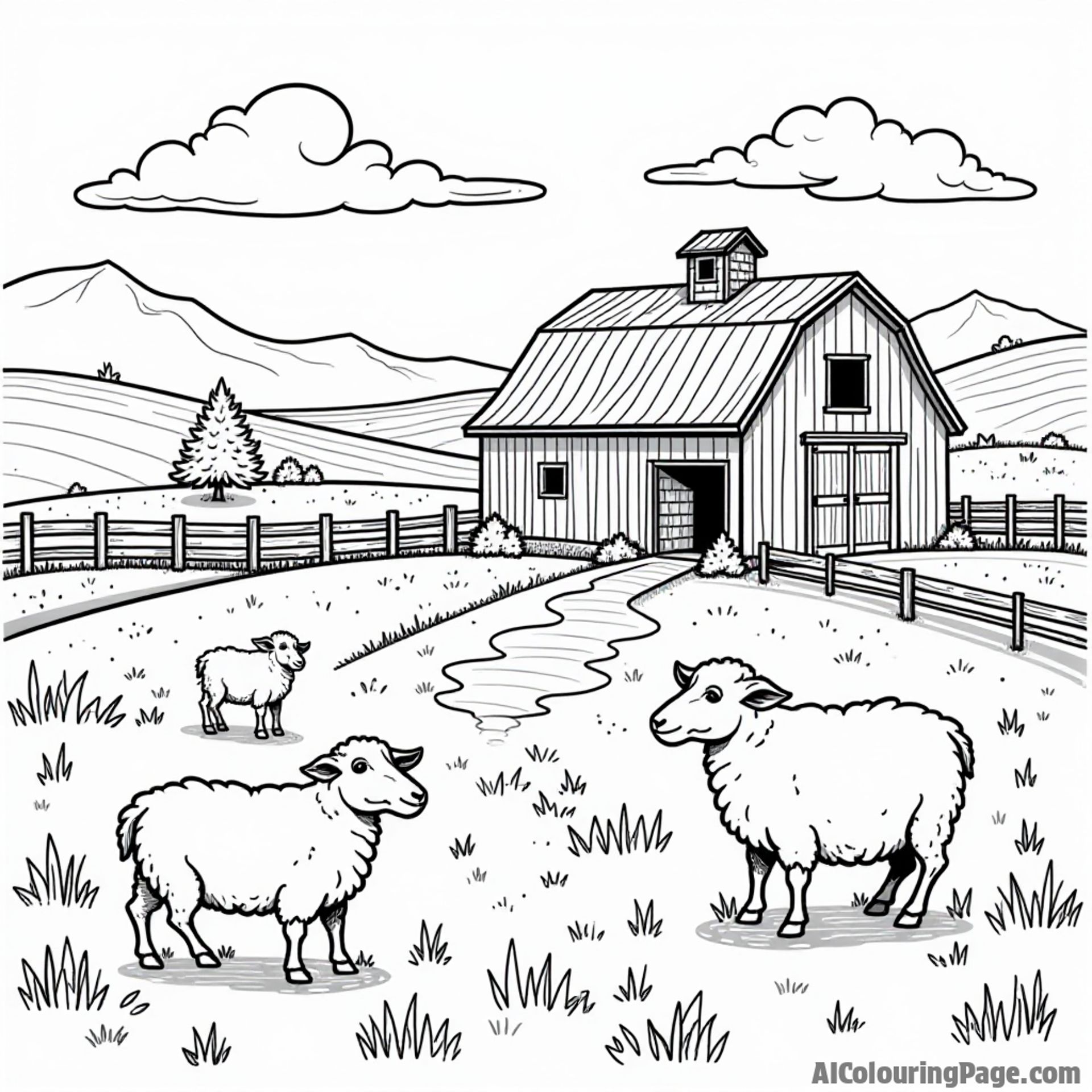 A charming farm scene with a red barn, grazing sheep, and rolling hills inspired by Idaho's agricultural beauty for kids.