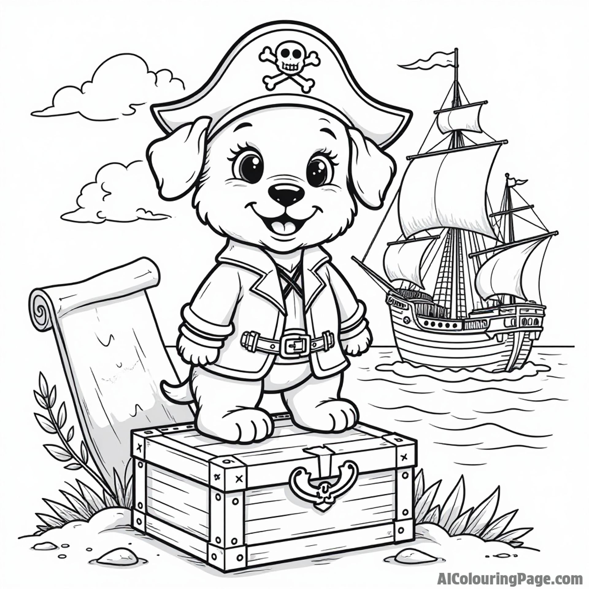 A puppy in a pirate costume standing on a treasure chest, with a map, a parrot, and a ship in the background.