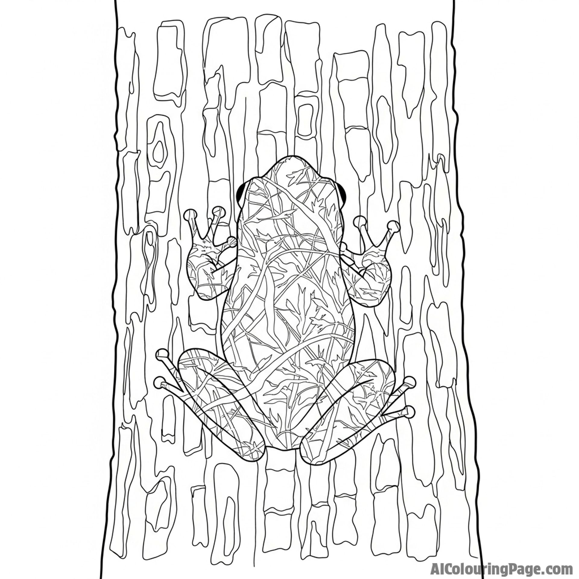 A frog camouflaged almost perfectly against tree bark.