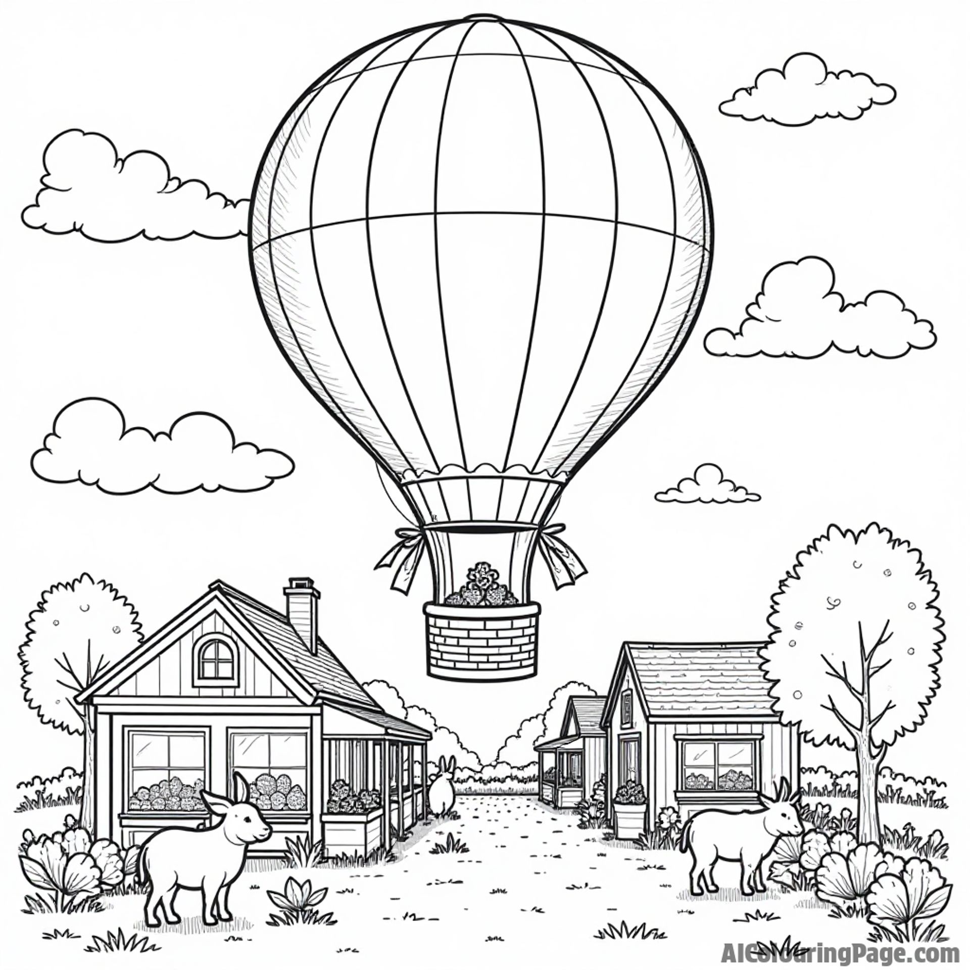 A hot air balloon adorned with flowers, floating above a bustling farmer's market with happy animals, perfect for young explorers eager to color their own community adventure.