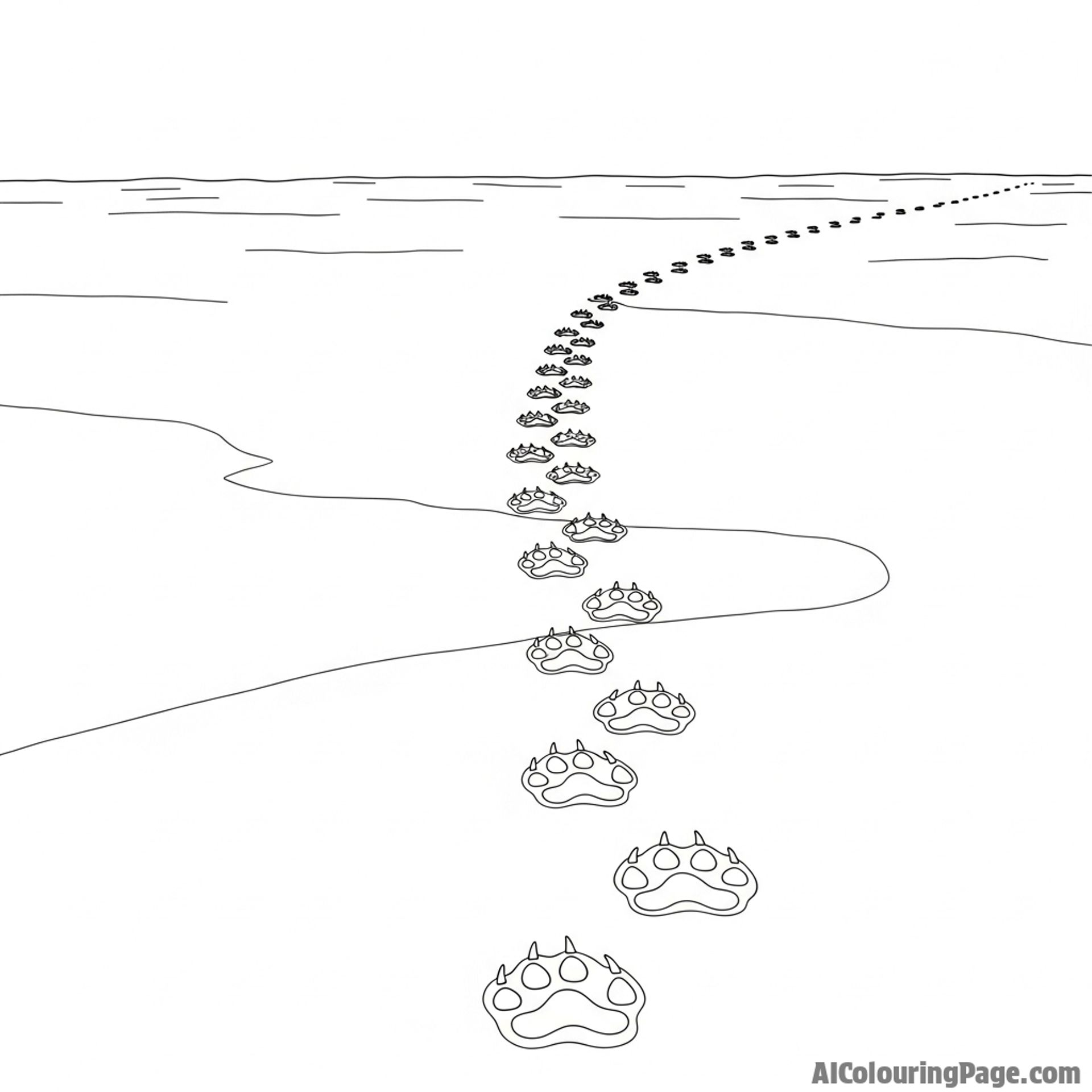 A high-angle view of a polar bear's tracks leading across an endless snowy expanse.