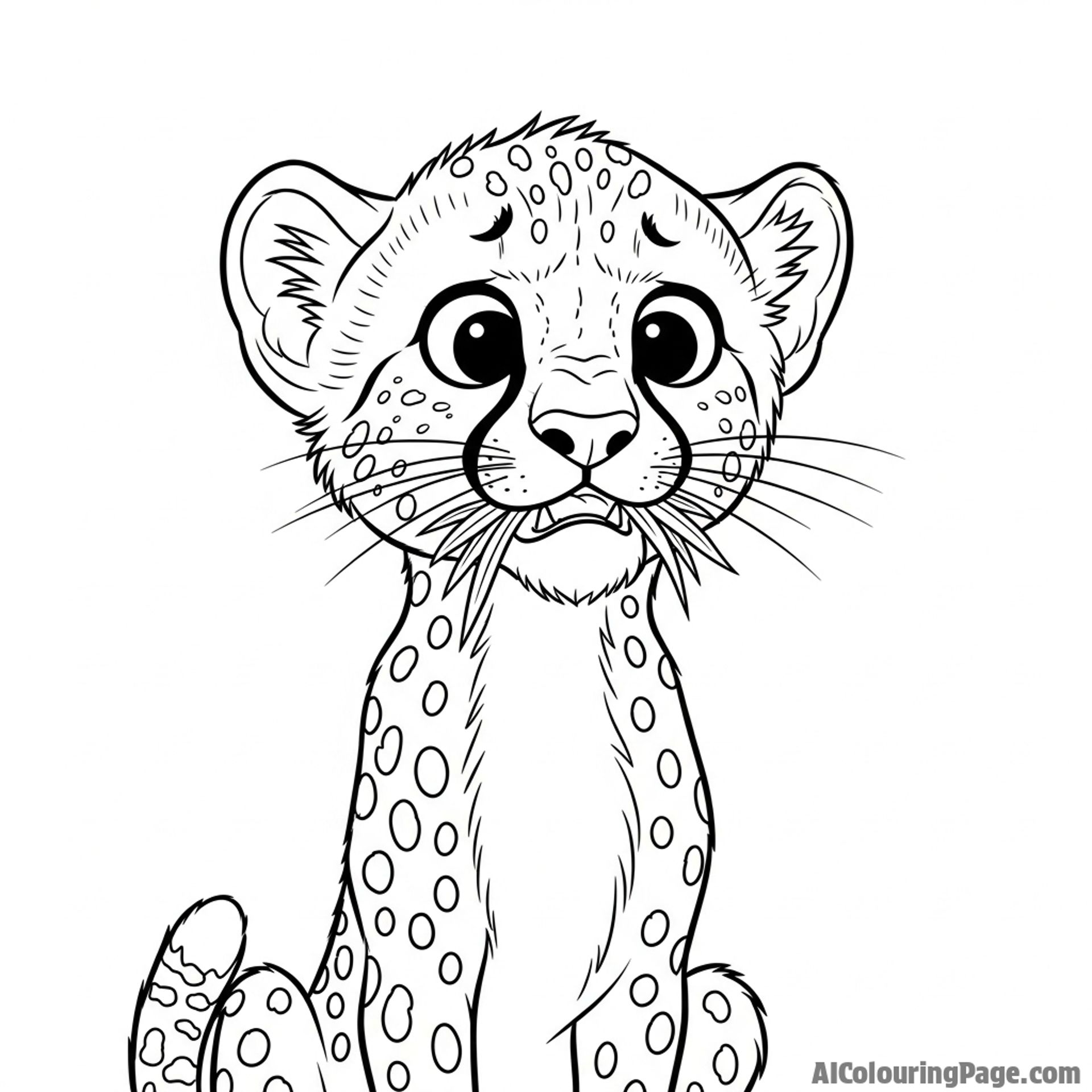 A cheetah cub with a mouthful of grass, looking utterly confused by its own actions.