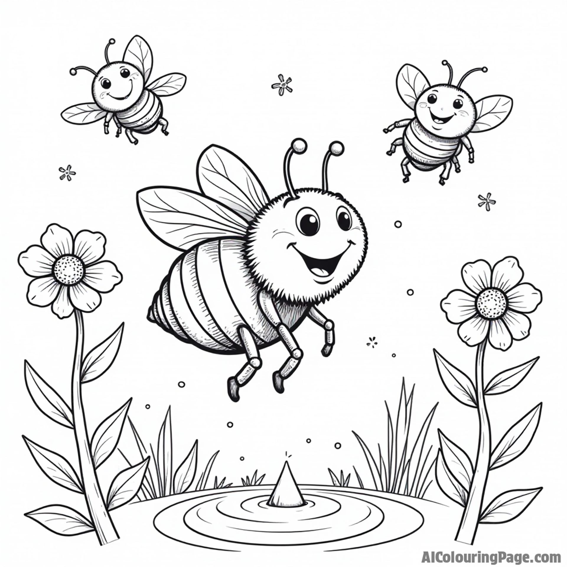 A bee playing with a bouncing ball made of honey, surrounded by cheerful flowers and buzzing friends in the air.