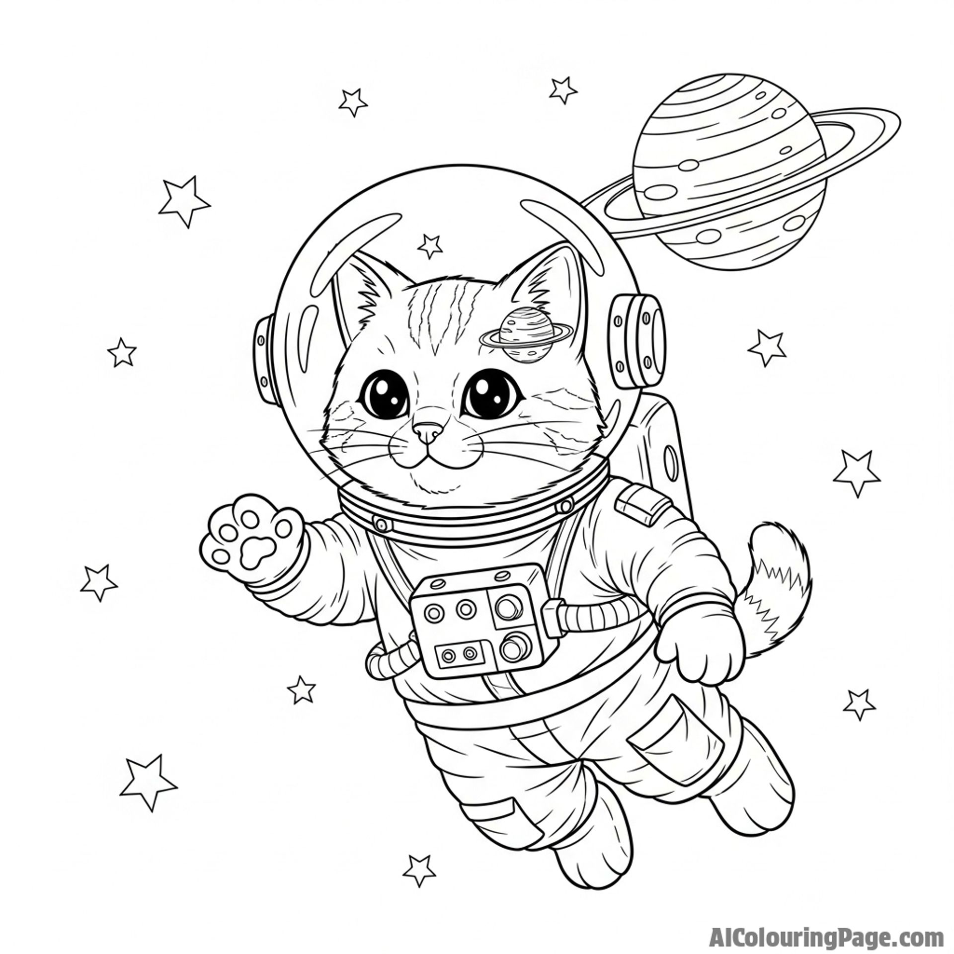 An astronaut cat in a glass helmet, floating in zero gravity with a planet in the background.