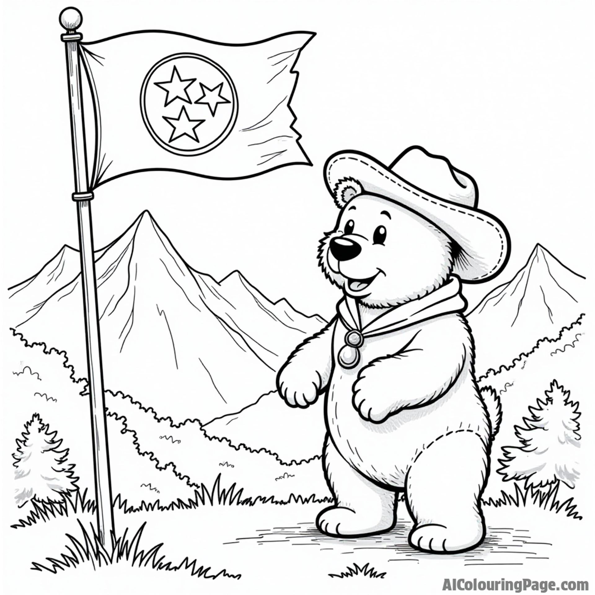 A playful bear wearing a cowboy hat near the Great Smoky Mountains and a vibrant Tennessee flag waving above them.