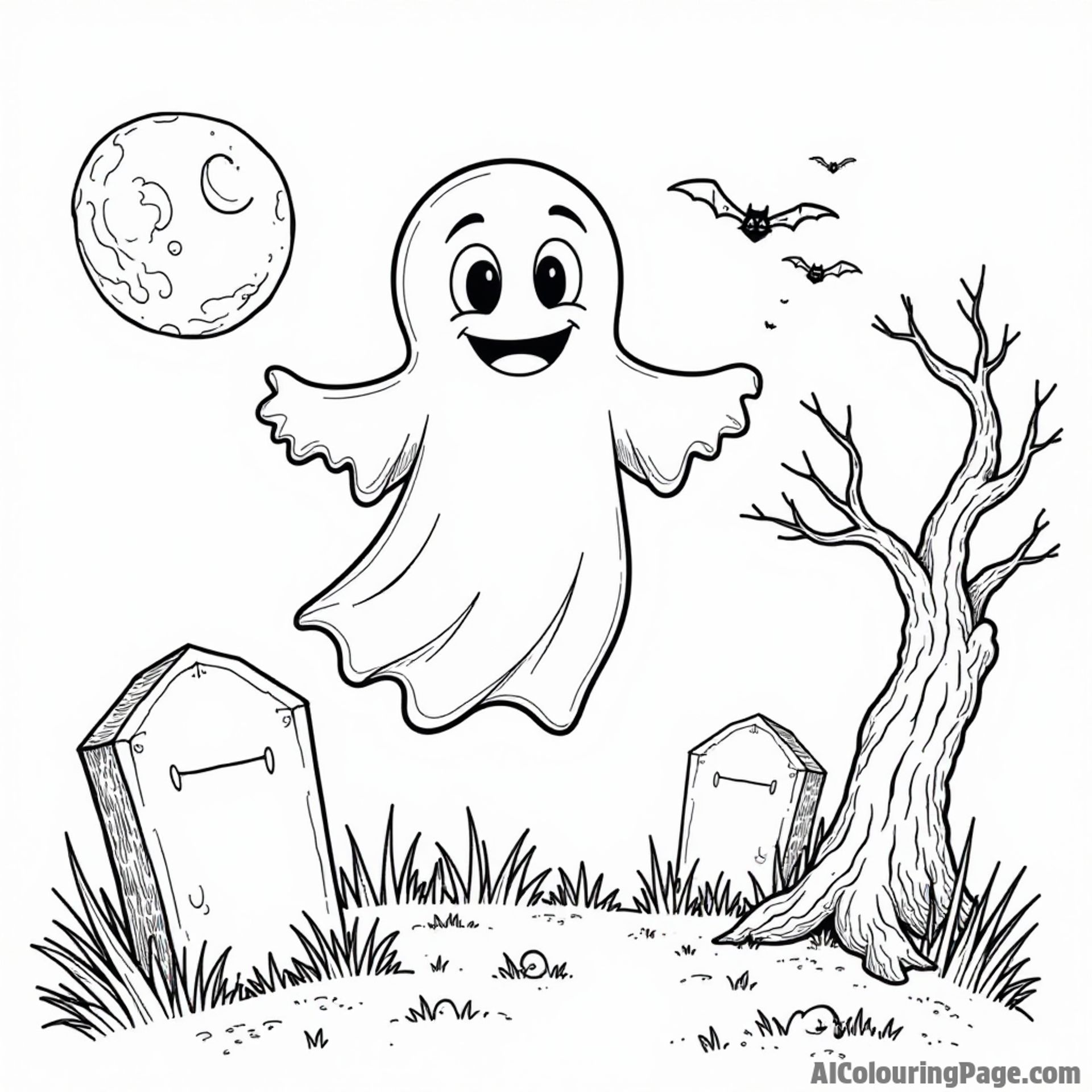 A friendly ghost floating above a spooky graveyard with an old tree and a full moon in the background.