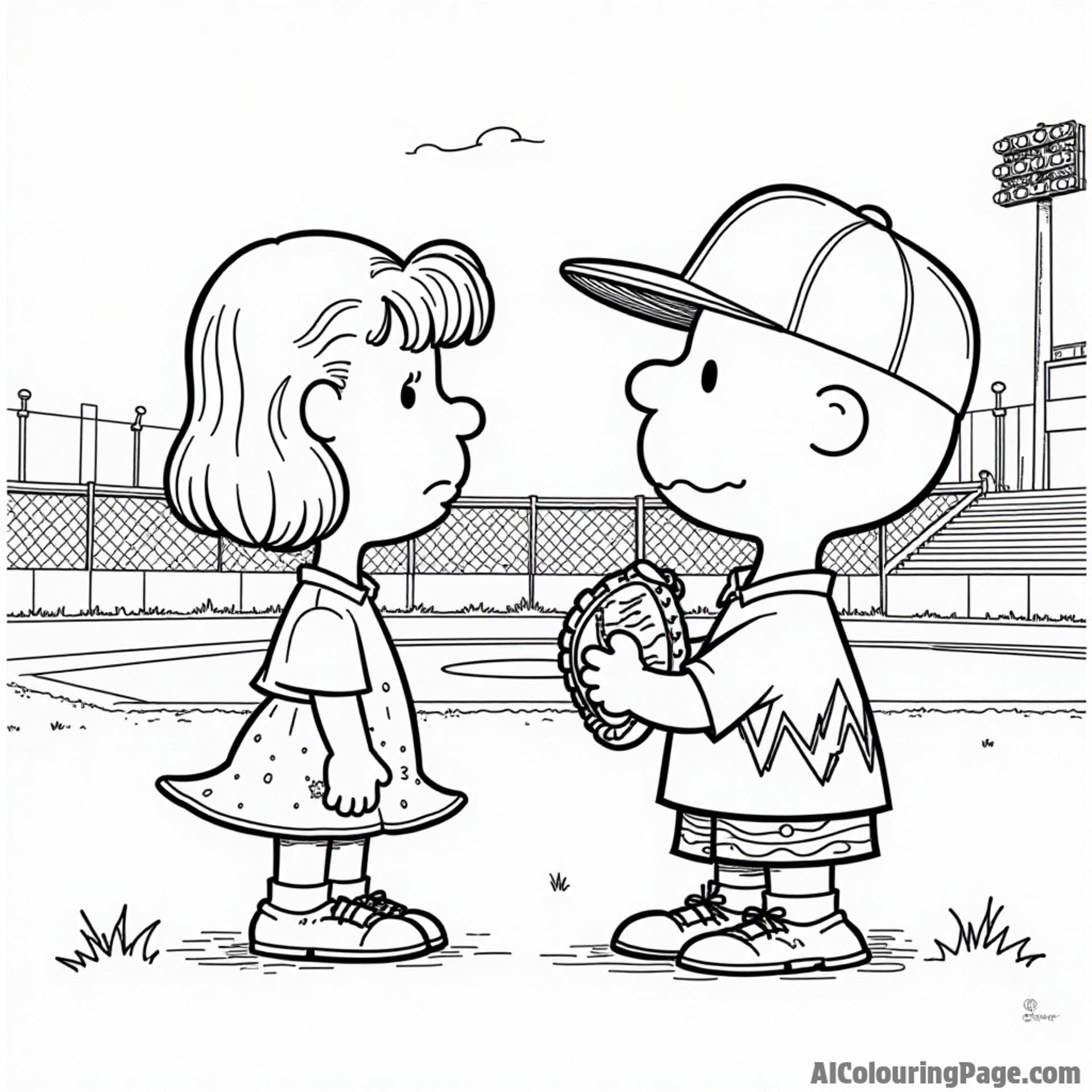 Peppermint Patty giving a baseball lesson to Charlie Brown with a bat, glove, and a baseball diamond in view