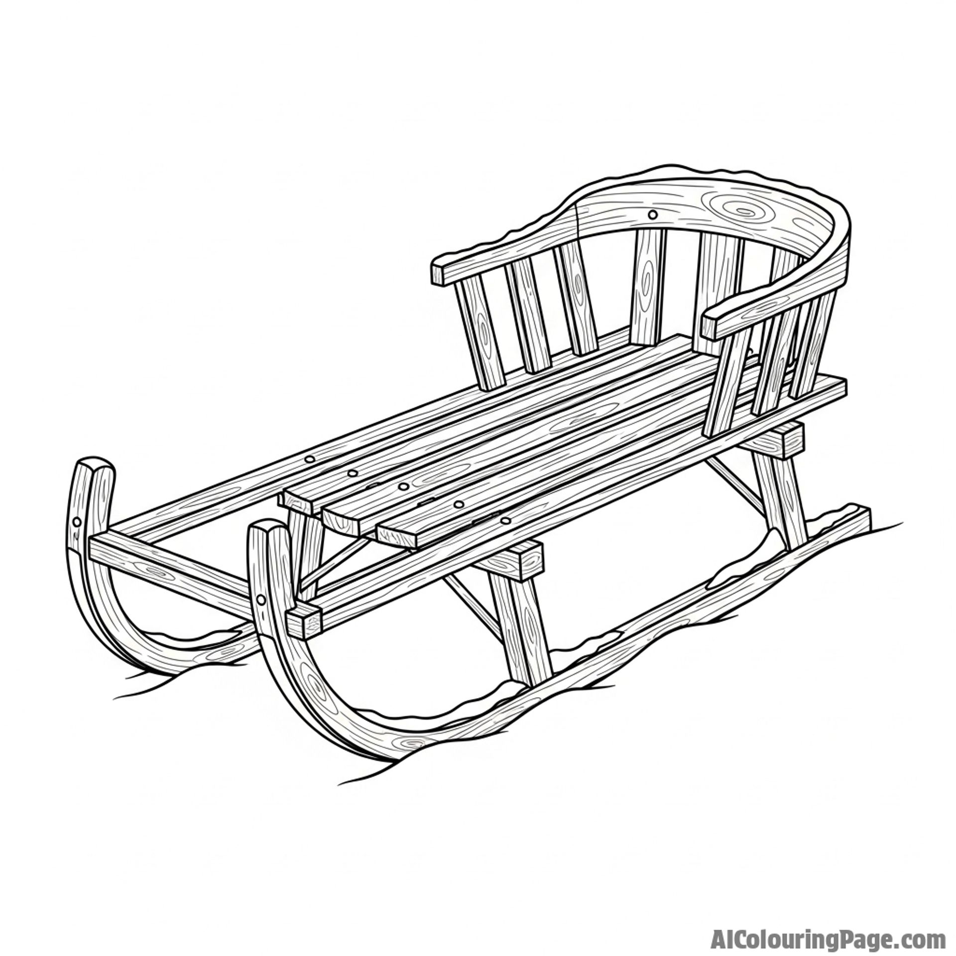 Old wooden sled sitting in the snow, awaiting its rider.