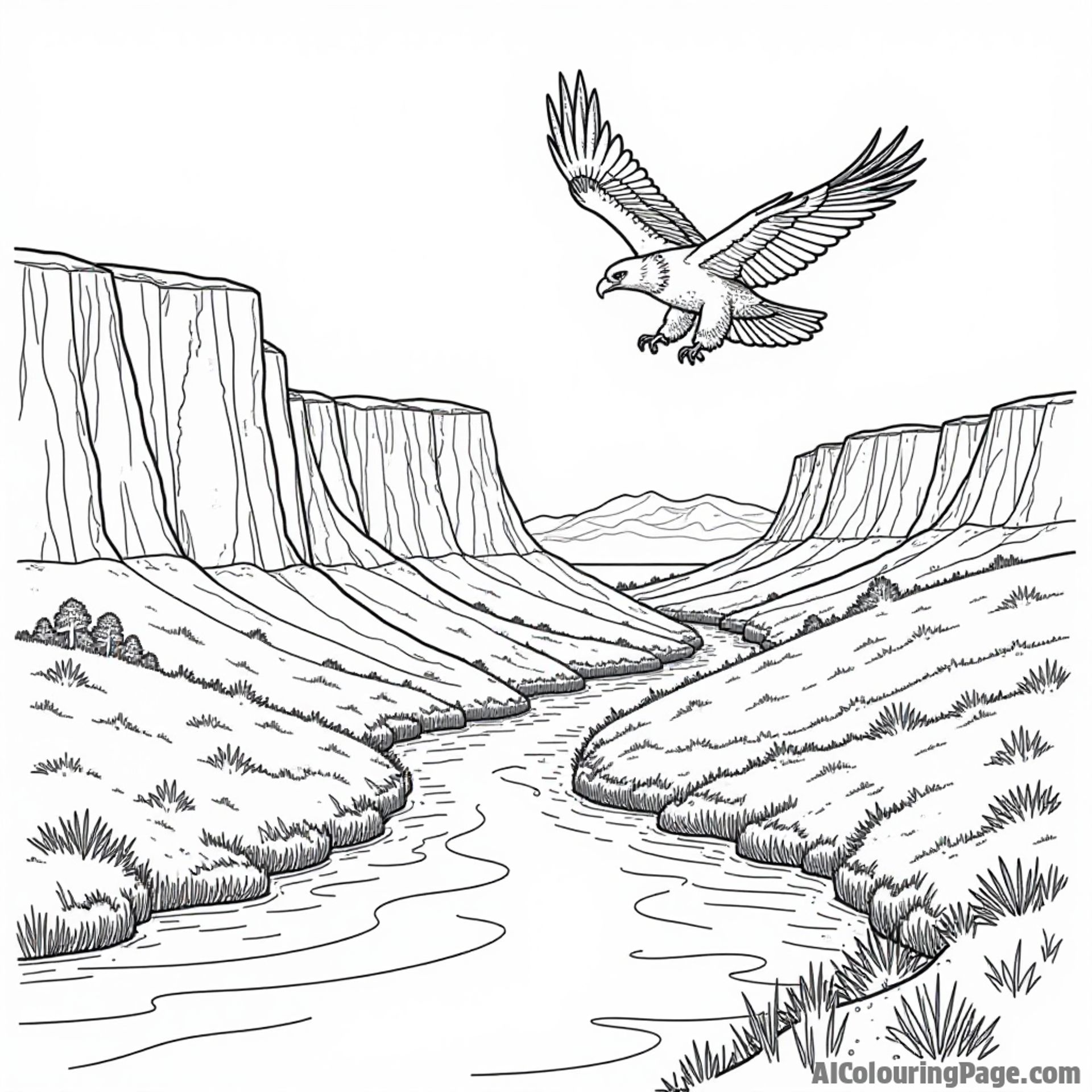 A serene landscape featuring the Badlands cliffs, a winding river, and a soaring eagle, perfect for a coloring adventure.