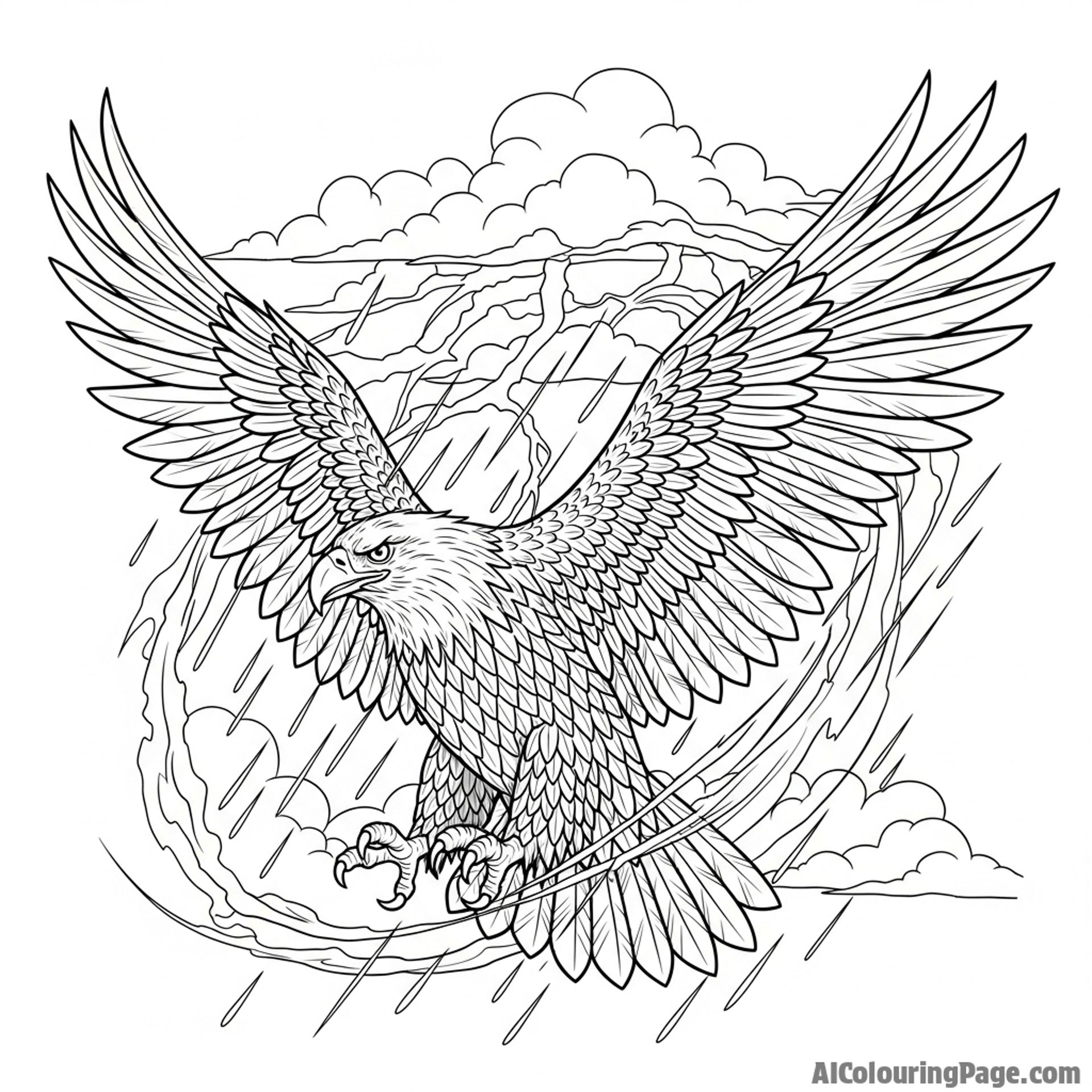 Eagle fighting against a storm, determination.