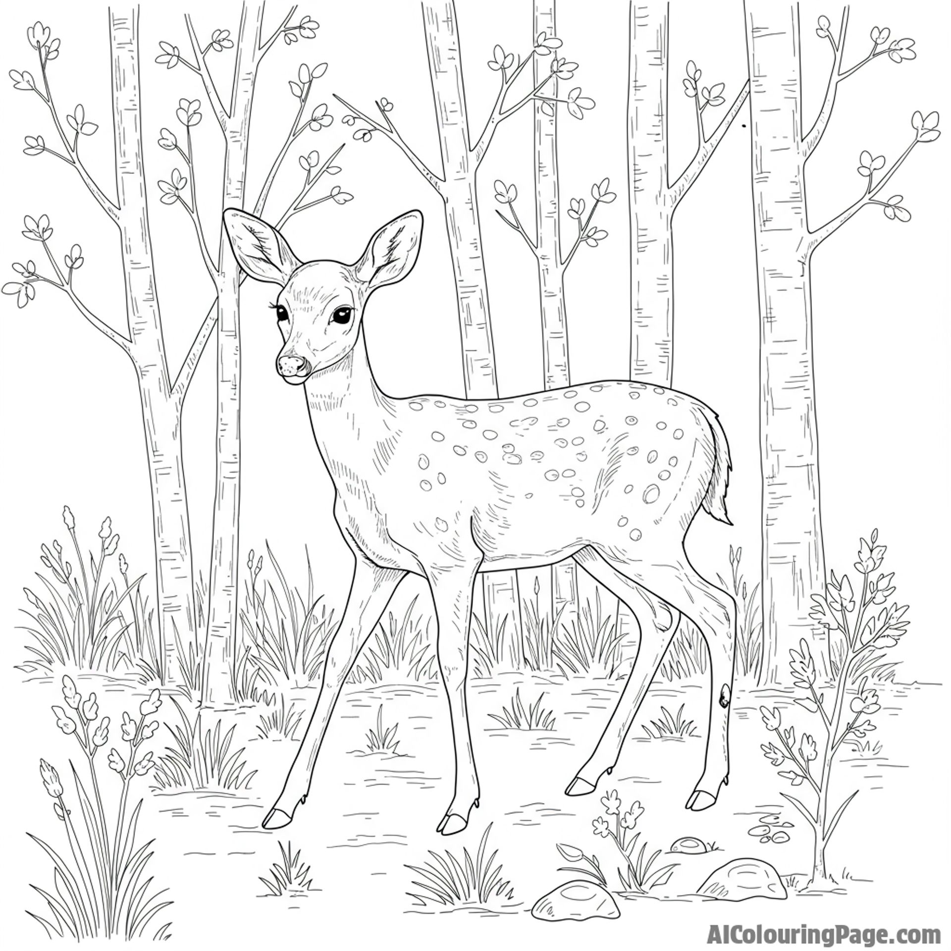 A young deer cautiously stepping through a grove of newly sprouted trees.