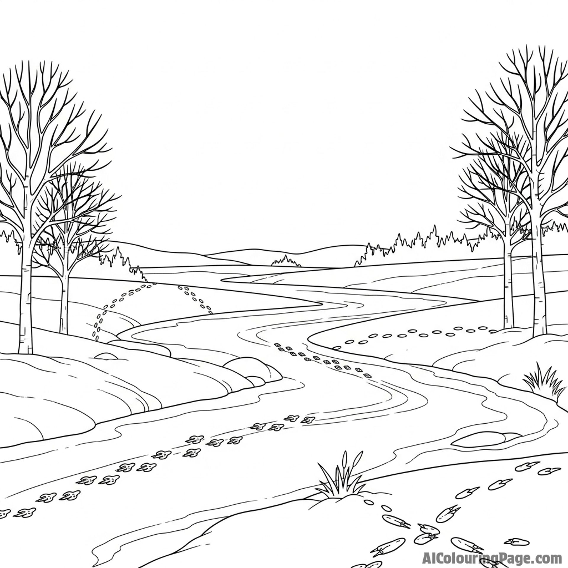 Winter landscape with frozen river and wildlife tracks