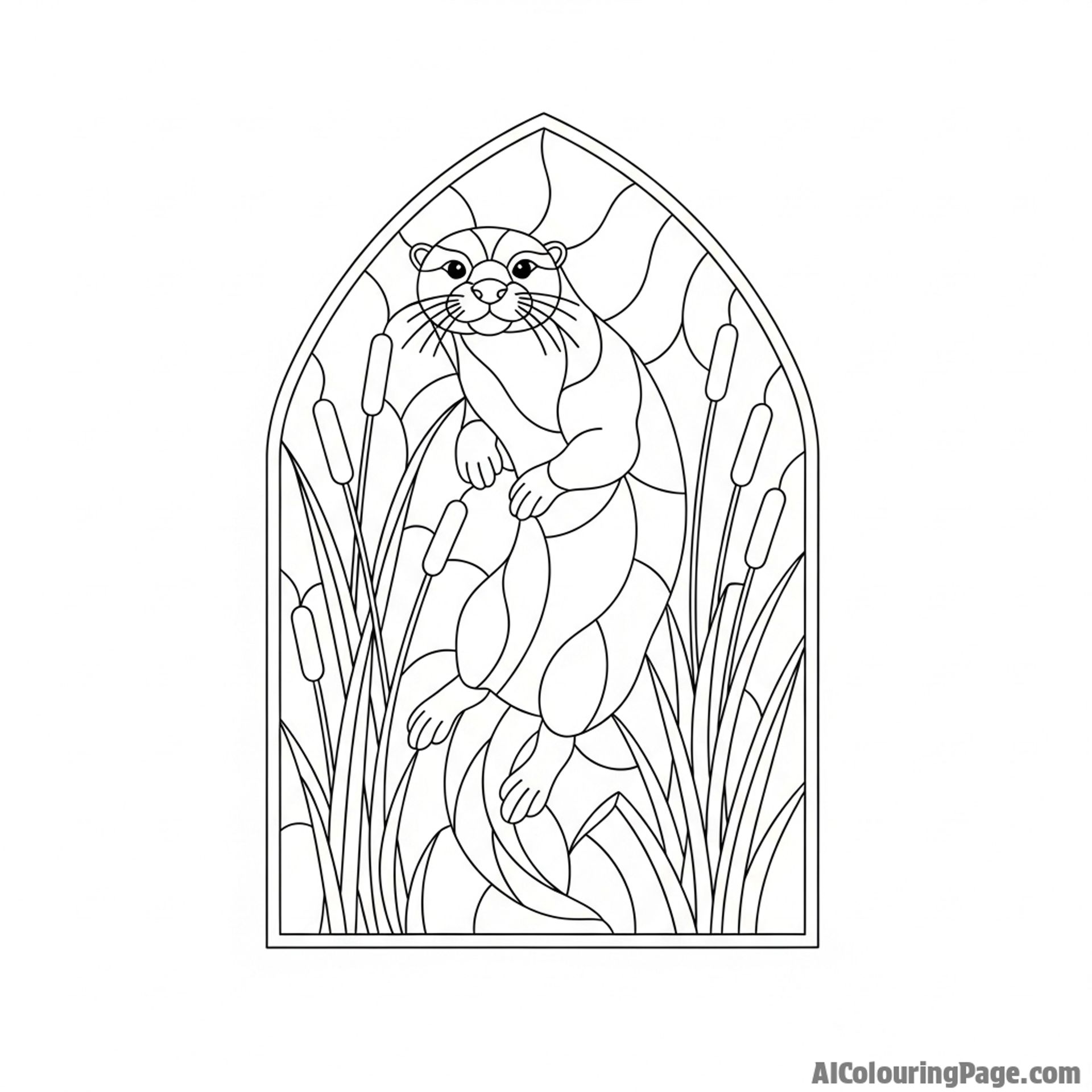 A stained glass window design featuring a graceful otter surrounded by reeds.