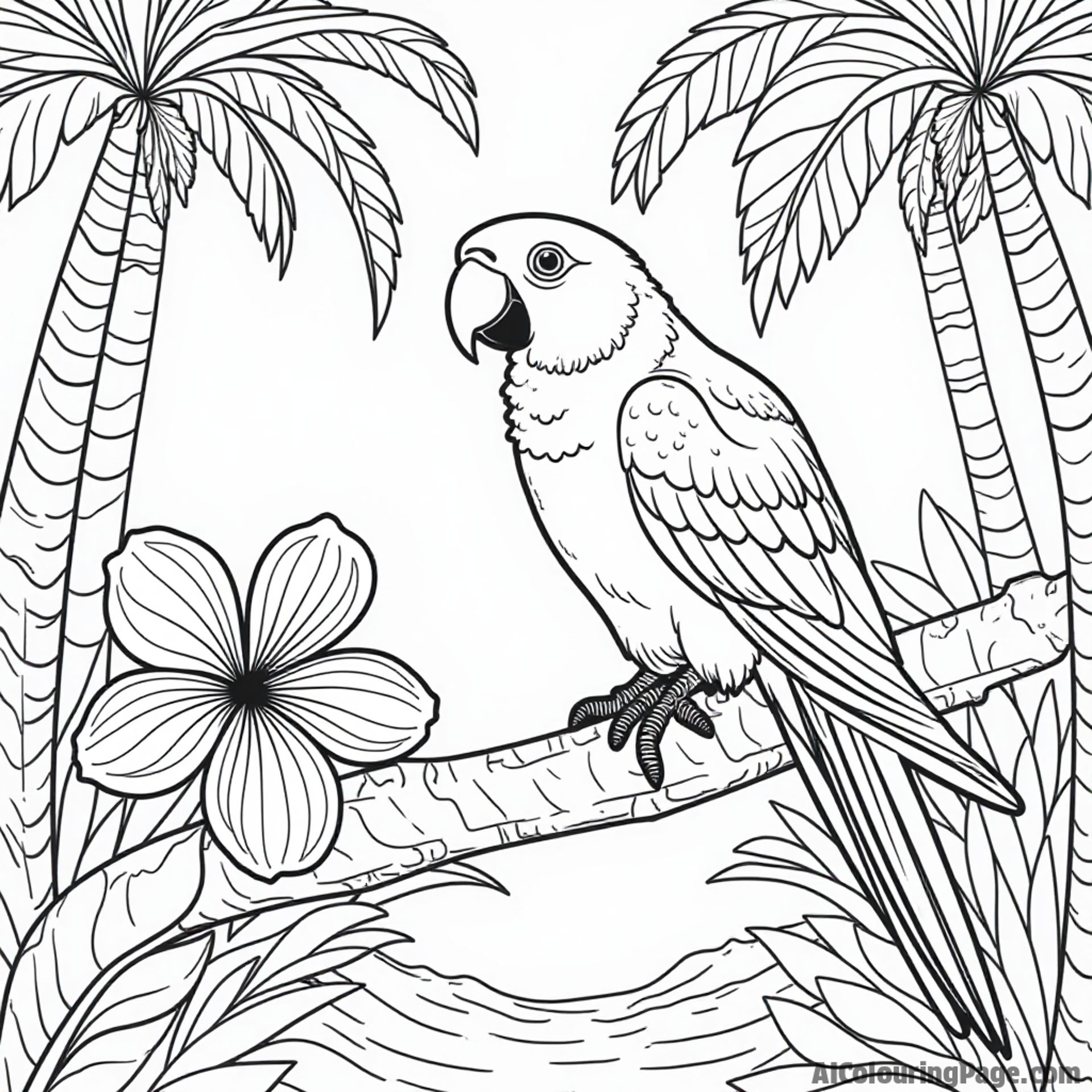 A playful parrot perched on a tropical palm tree branch next to a colorful flower in a sunny jungle setting