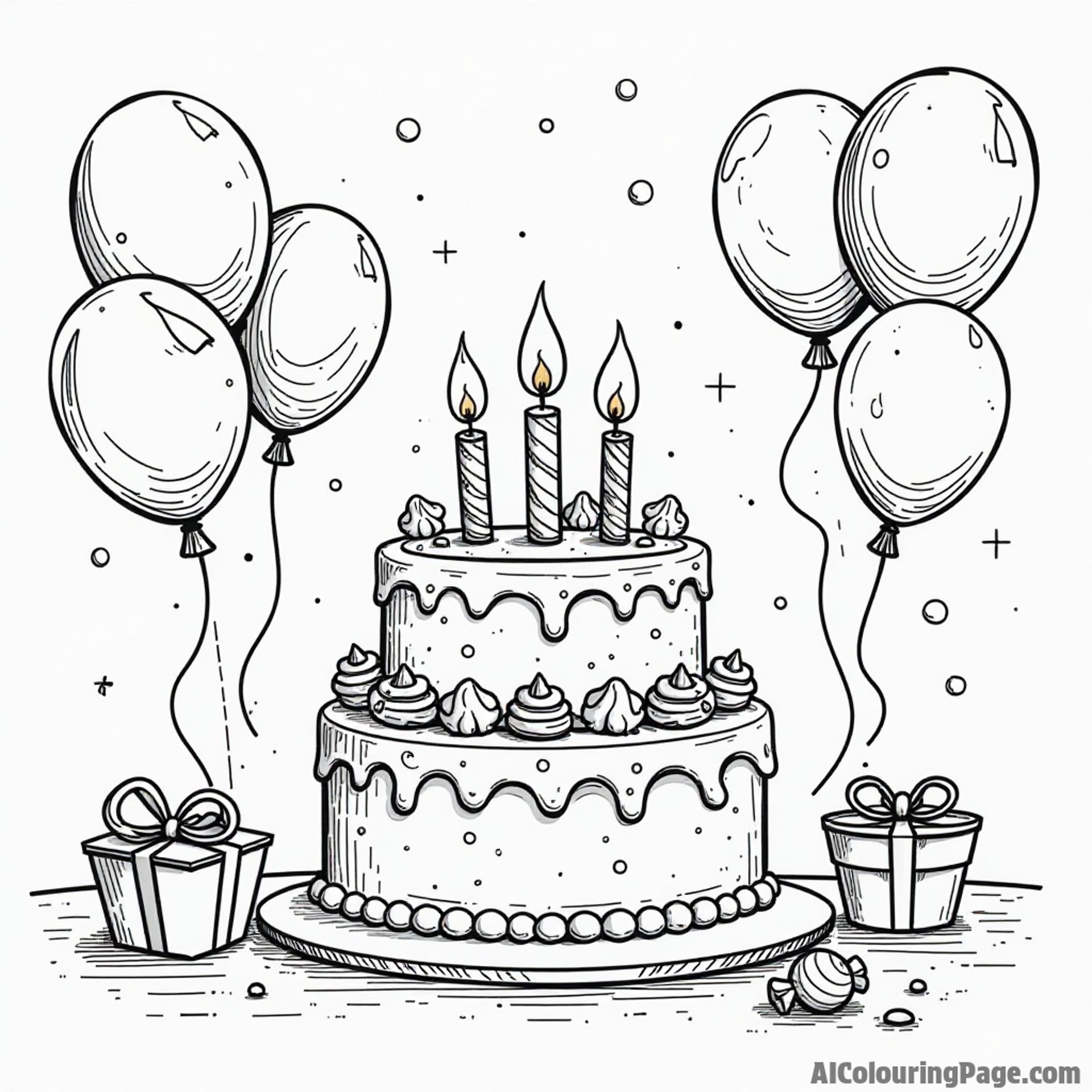 A cheerful birthday party scene with a giant cake, colorful balloons, and candy favors for kids to add their artistic touch.
