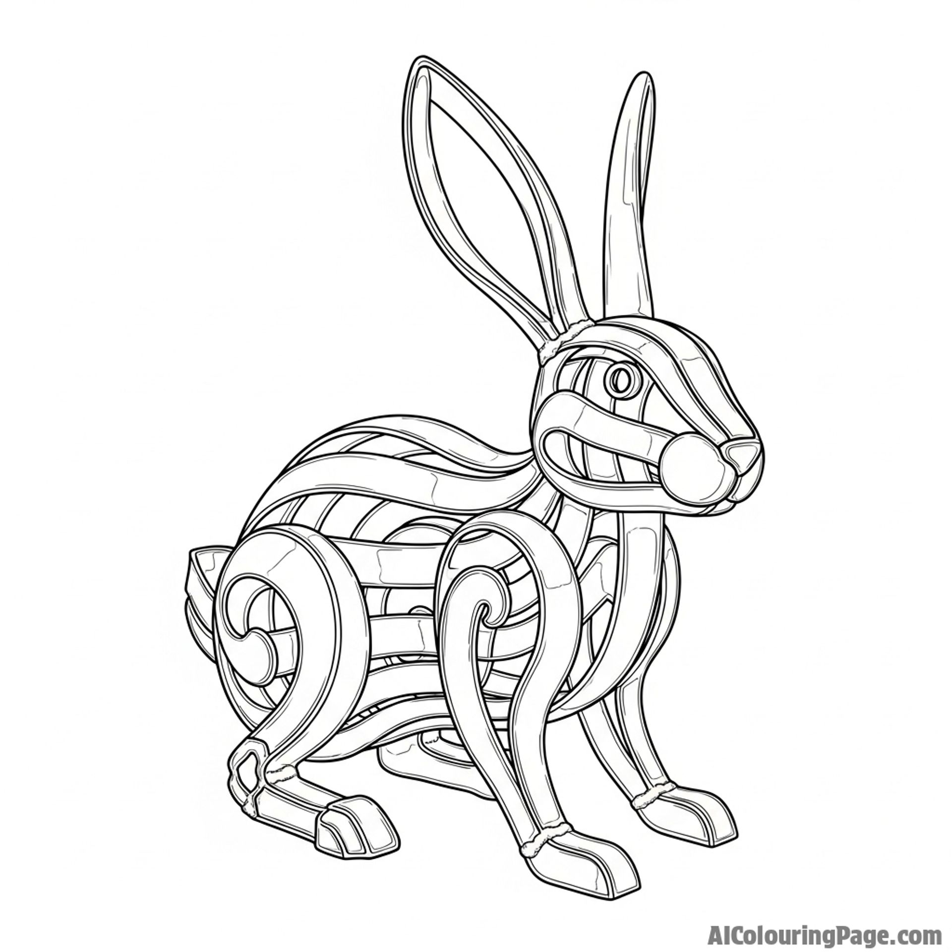 An abstract sculpture of a rabbit, crafted from bent and welded metal.